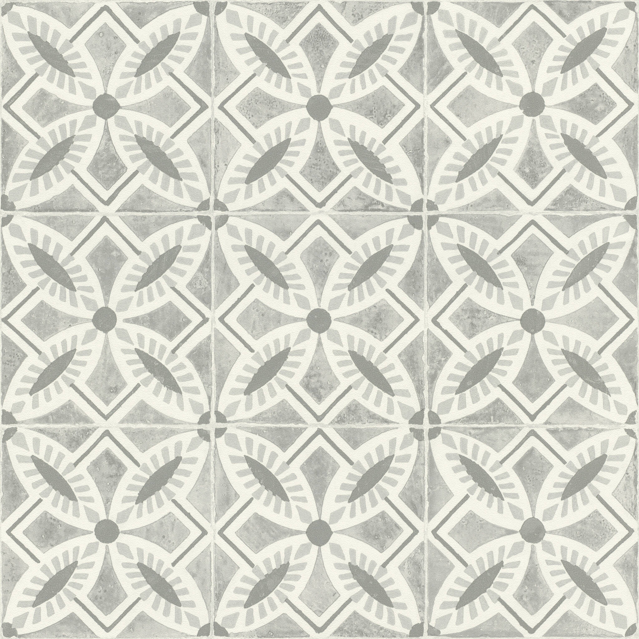 10-410259 Artikelscan 1 Graue Vliestapete im Vintage-Fliesenstil mit zarten Ornamenten – modern und nostalgisch zugleich.