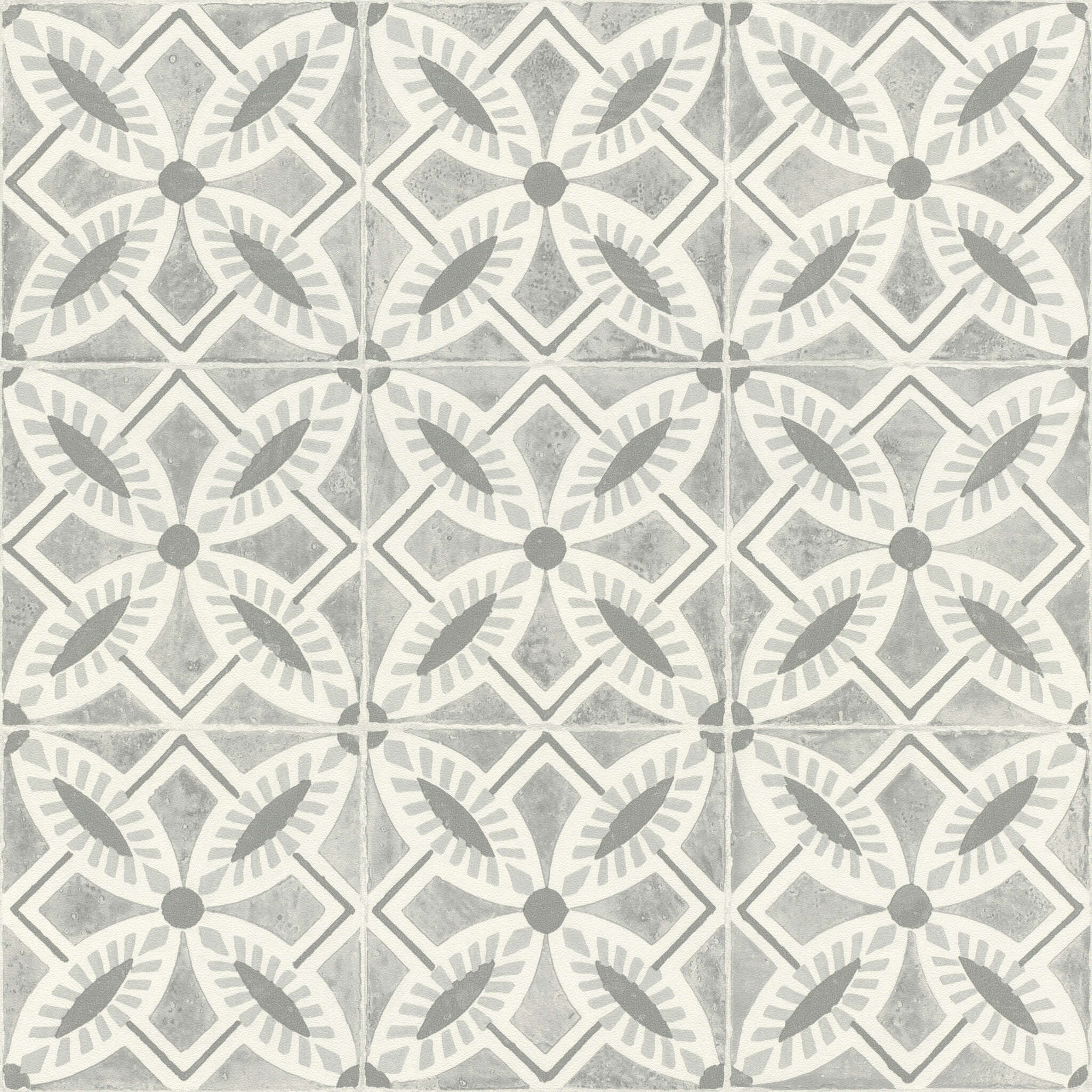10-410259 Artikelscan 1 Graue Vliestapete im Vintage-Fliesenstil mit zarten Ornamenten – modern und nostalgisch zugleich.