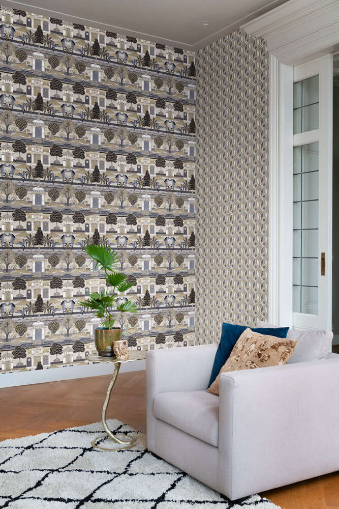 10-746228 Raumbilder (automatisch) 2 Unrolled wallpaper roll with Oriental wallpaper with animals in a symmetrical arrangement