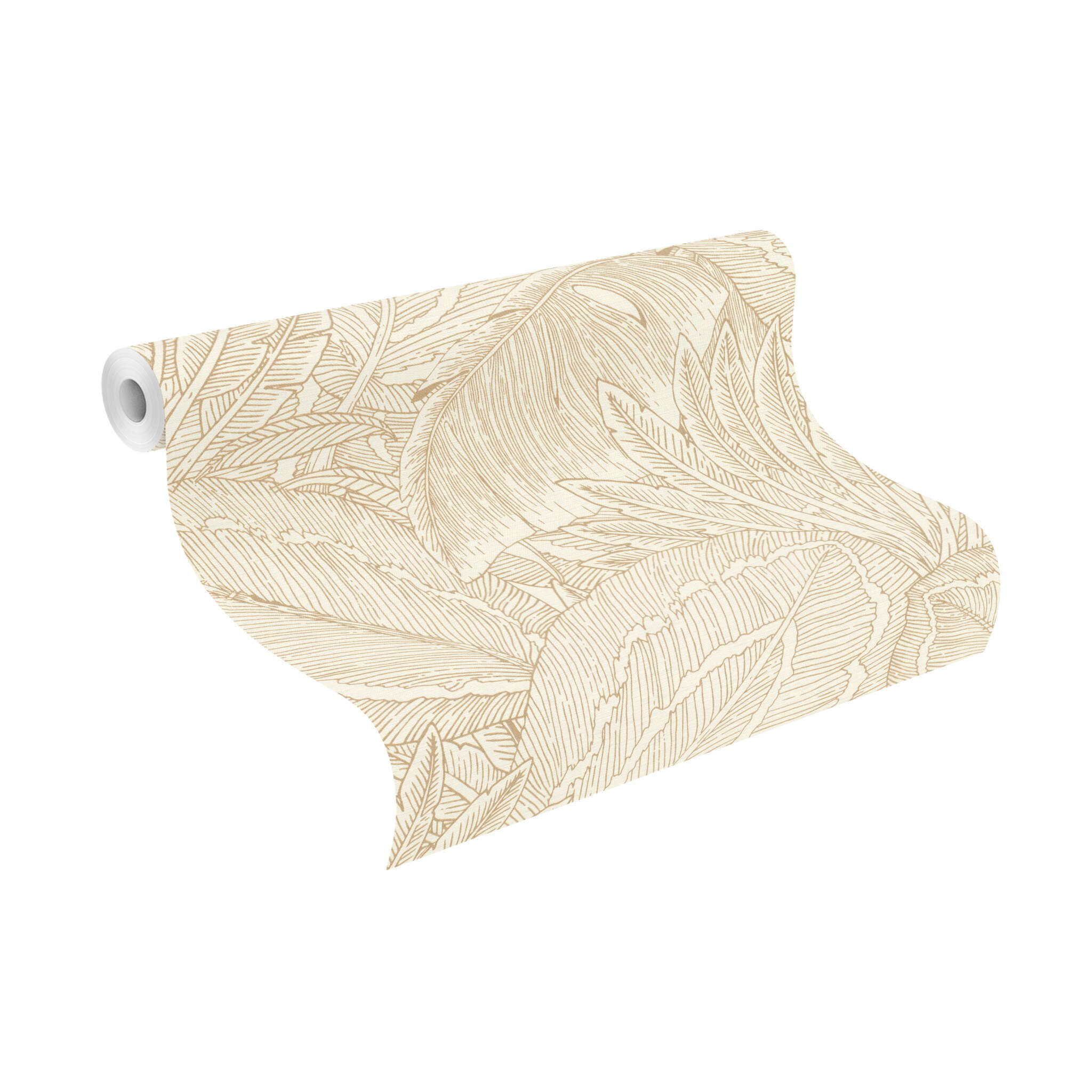 10-580822 Rolle abgerollt 1 Unrolled wallpaper roll with Wallpaper with sketched leaves and large plants