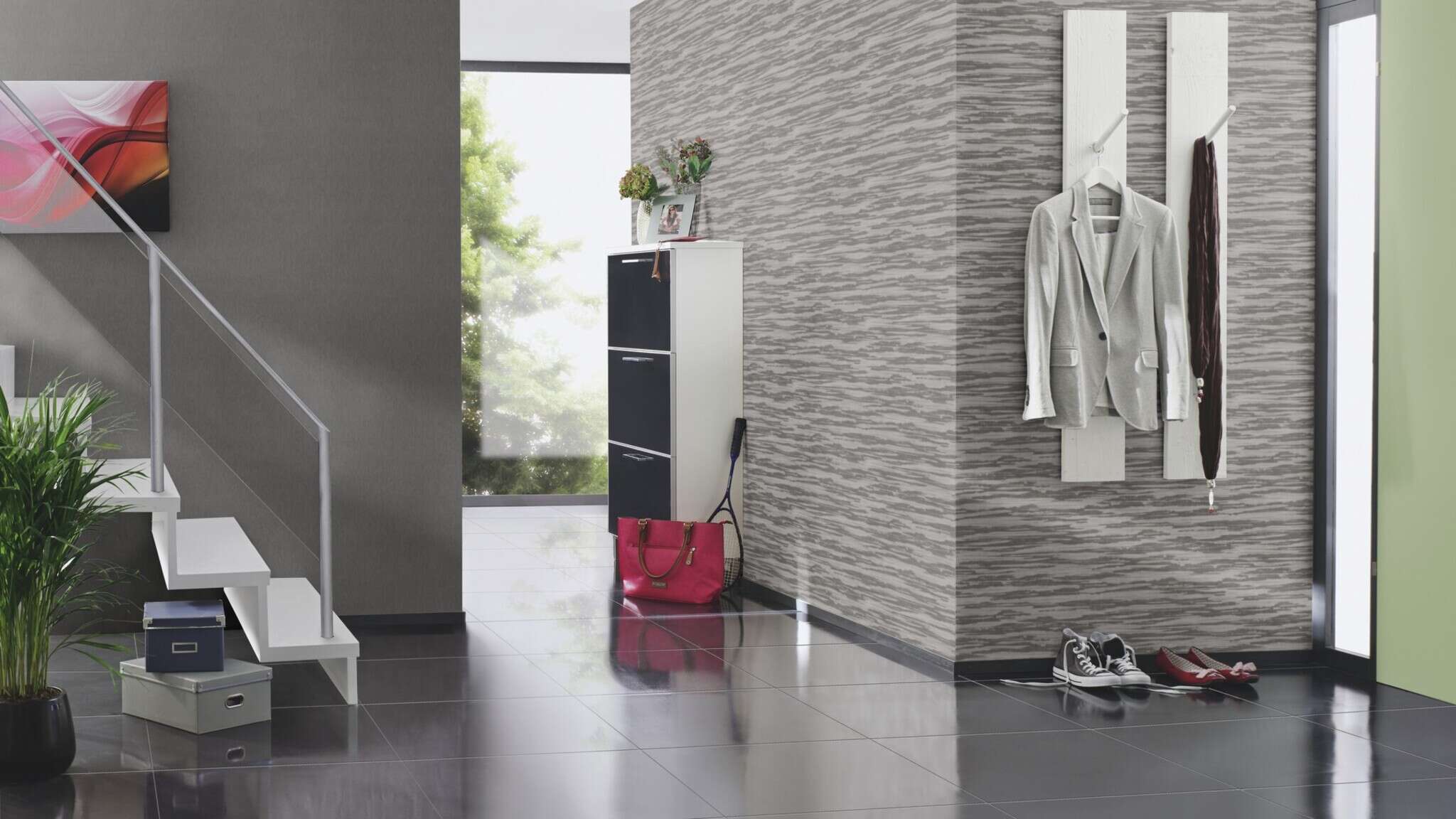 10-720464 Raumsituationen 2 Room with Wallpaper with horizontal lines and grooved texture