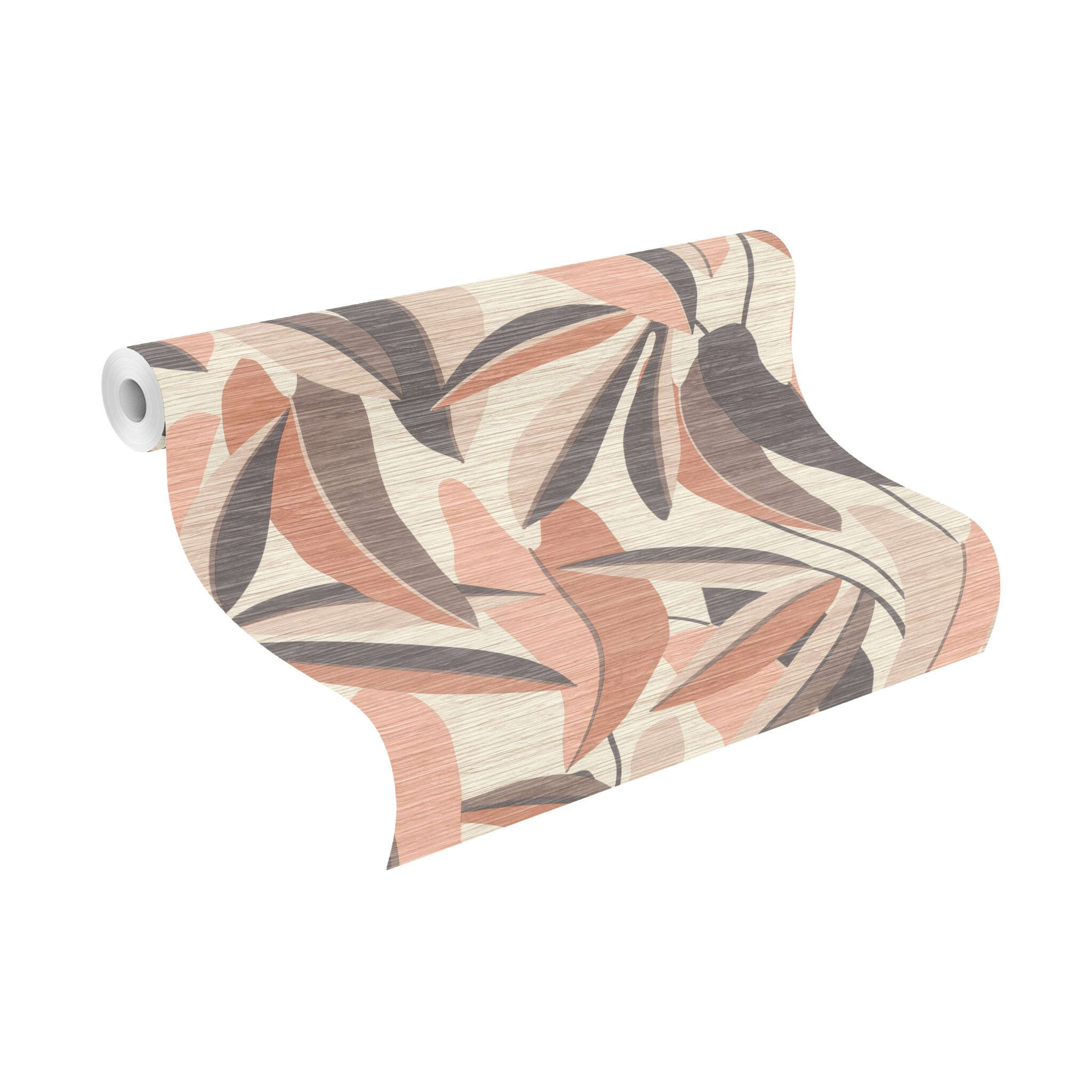 10-866353 Rolle abgerollt 1 Unrolled wallpaper roll with Stylish drawings of oversized leaves in beige, red and brown on a beige-brown background with horizontal wood grain