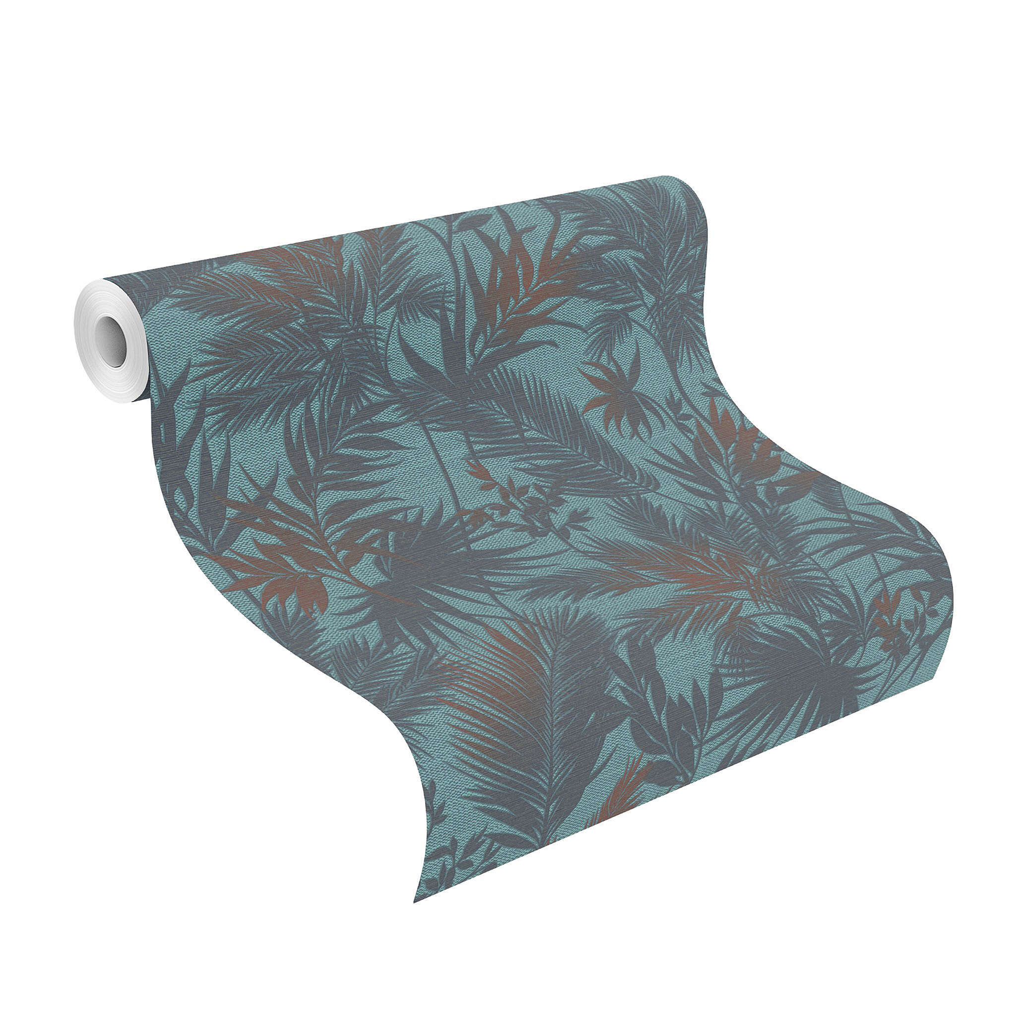 10-704143 Rolle abgerollt 1 Palm leaves non-woven wallpaper in turquoise 704143