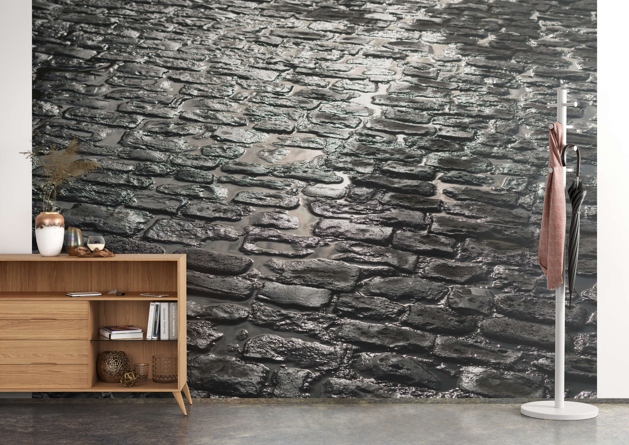 Flur mit 363708 - Fototapete - Straßenpflaster in dunkelgrau magicwalls stone effect wallpaper gray 363708