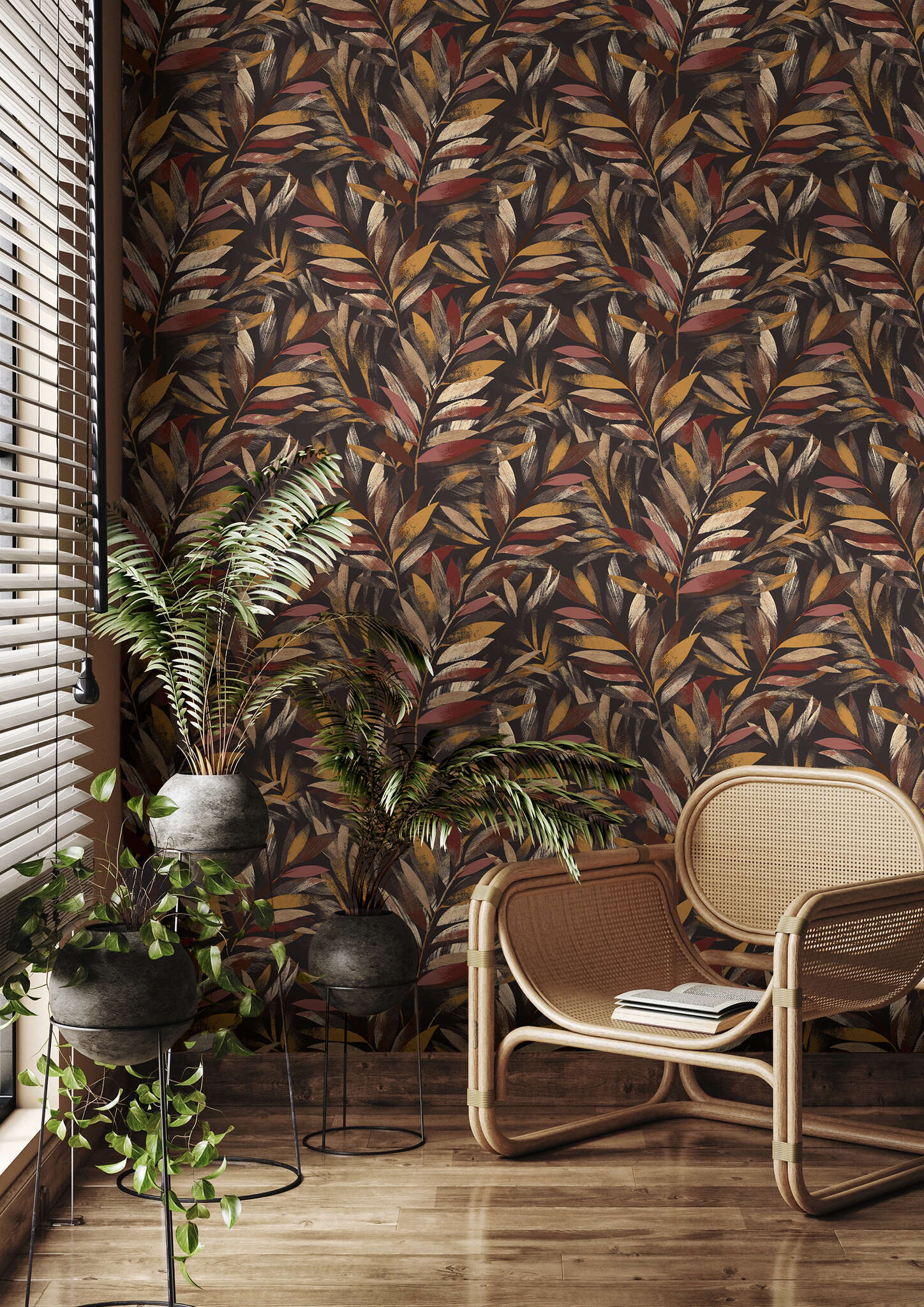 10-867633 Raumbilder 1 Room with Stamped leaves in warm brown and red tones on a dark brown background