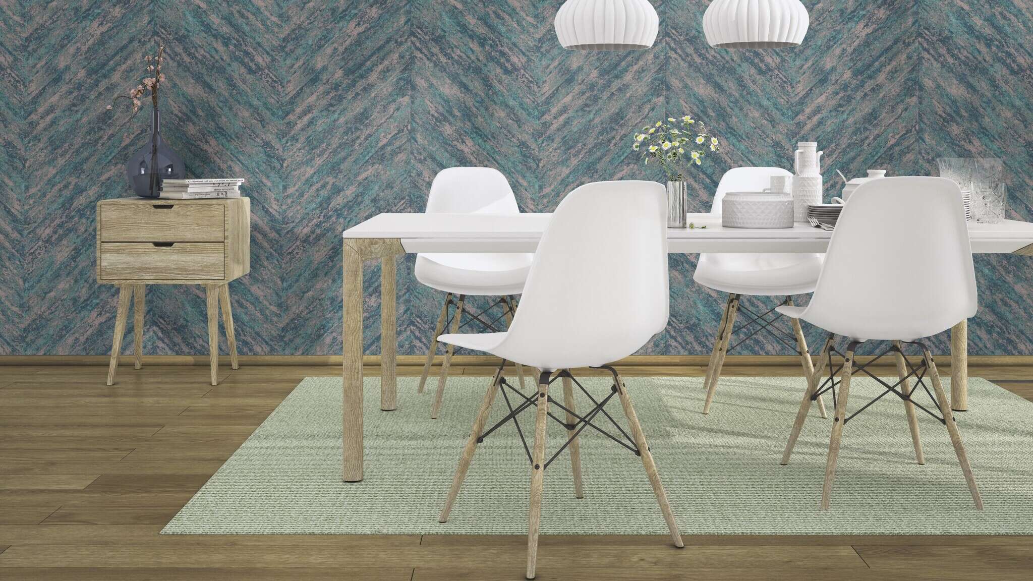 10-617542 Raumsituationen 2 Herringbone non-woven wallpaper in turquoise-lagoon Selection 617542
