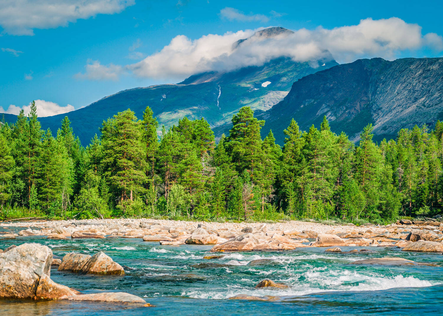 Fototapete - Naturkulisse aus Norwegen in leuchtenden Farben mit Wildfluss, Bäumen, Bergen und Himmel