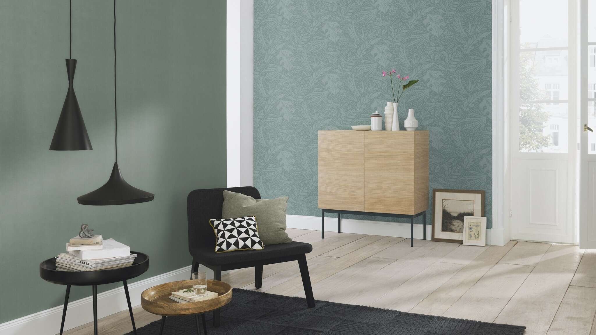 10-553024 Raumsituationen 4 Leaves non-woven wallpaper in green-grey 553024
