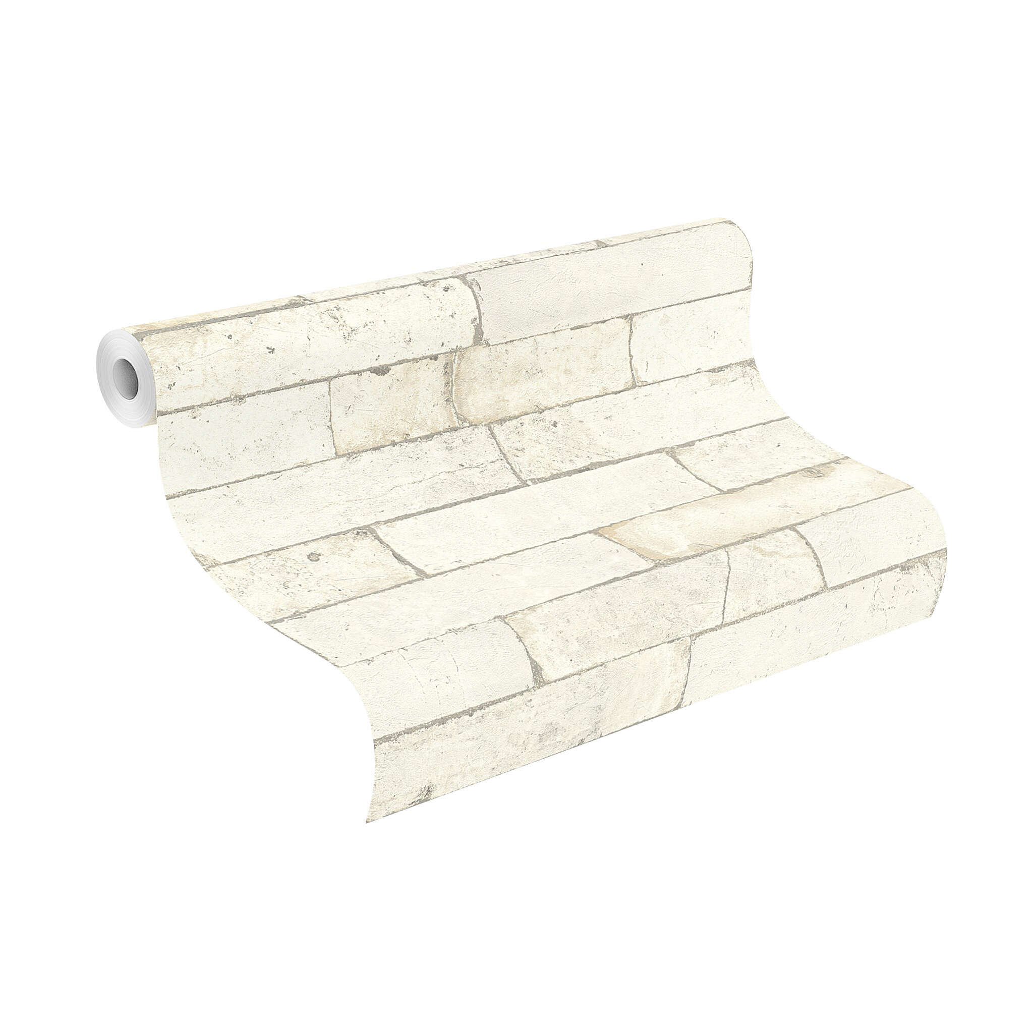 10-446319 Rolle abgerollt 1 Unrolled wallpaper roll with Cream-white non-woven wallpaper with classic brick pattern