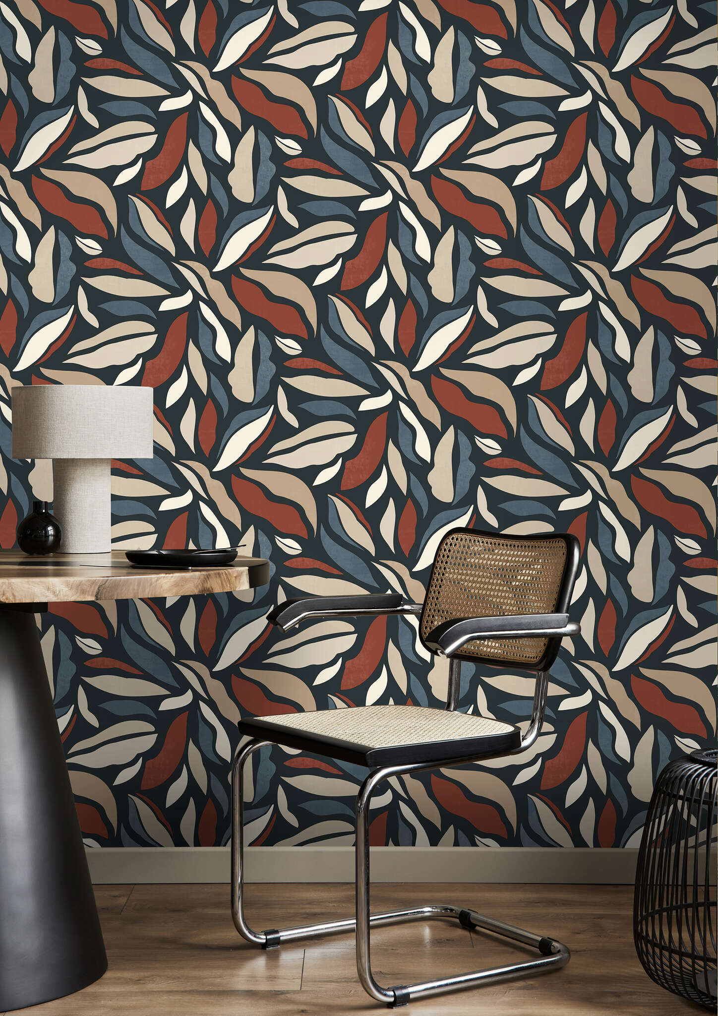 10-869309 Raumbilder 1 Room with Abstract leaves in curved shapes in blue, rust red, beige and taupe