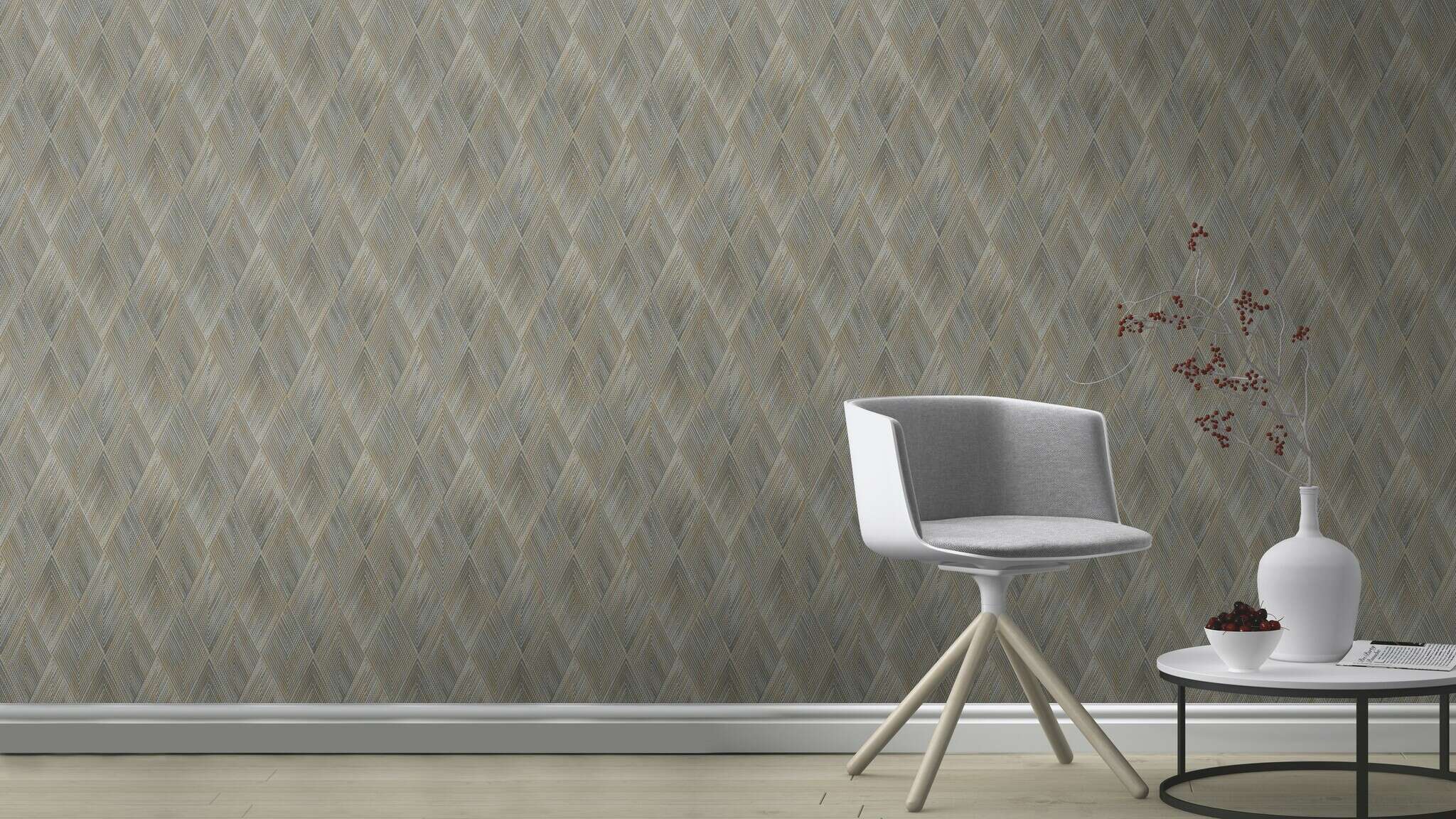 10-844153 Raumsituationen 2 Room with Wallpaper with zigzag diamonds and diagonal lines