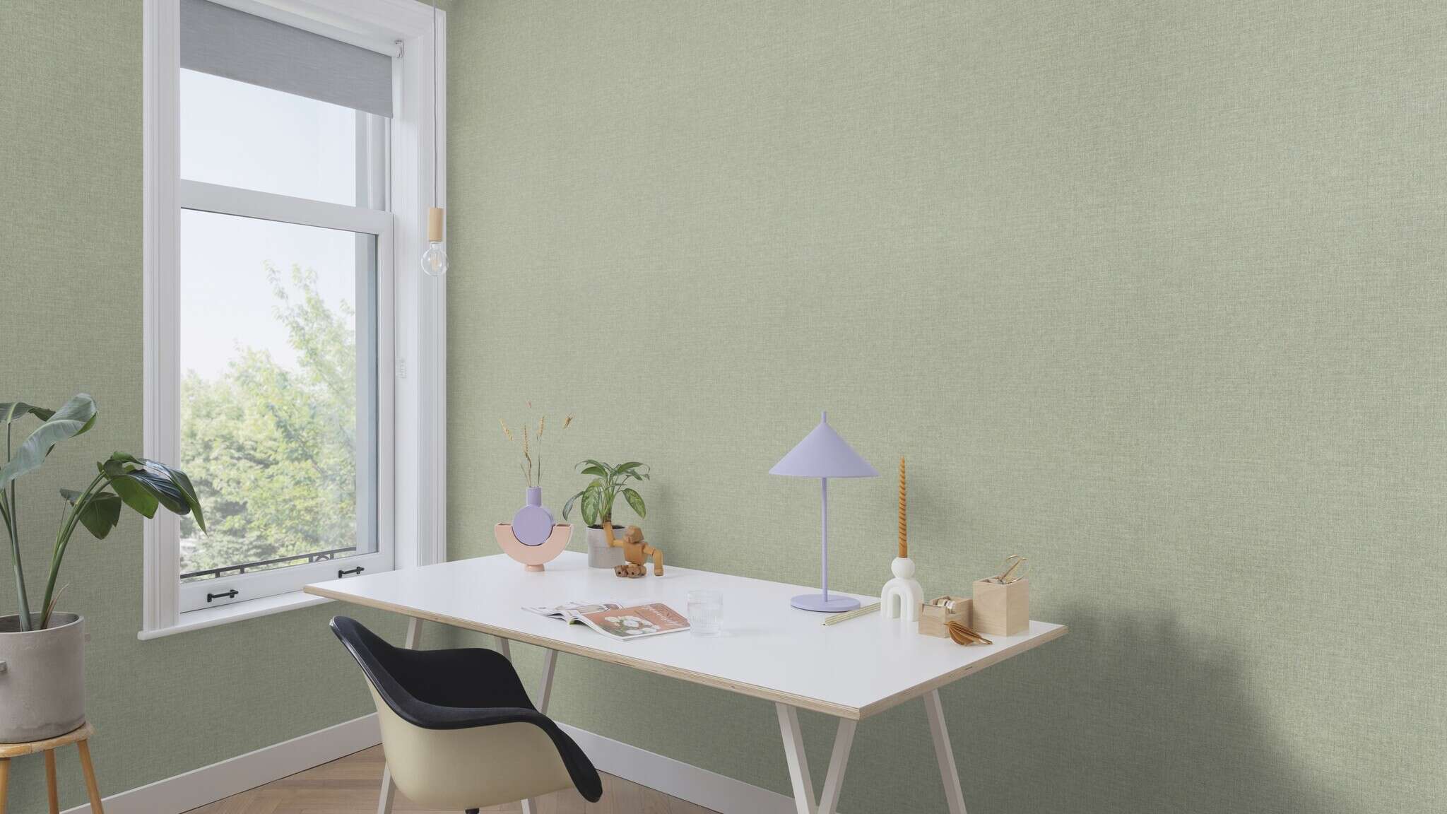 10-435665 Raumsituationen 1 Non-woven wallpaper with a textile look in green - Noble Zen Nuno 435665