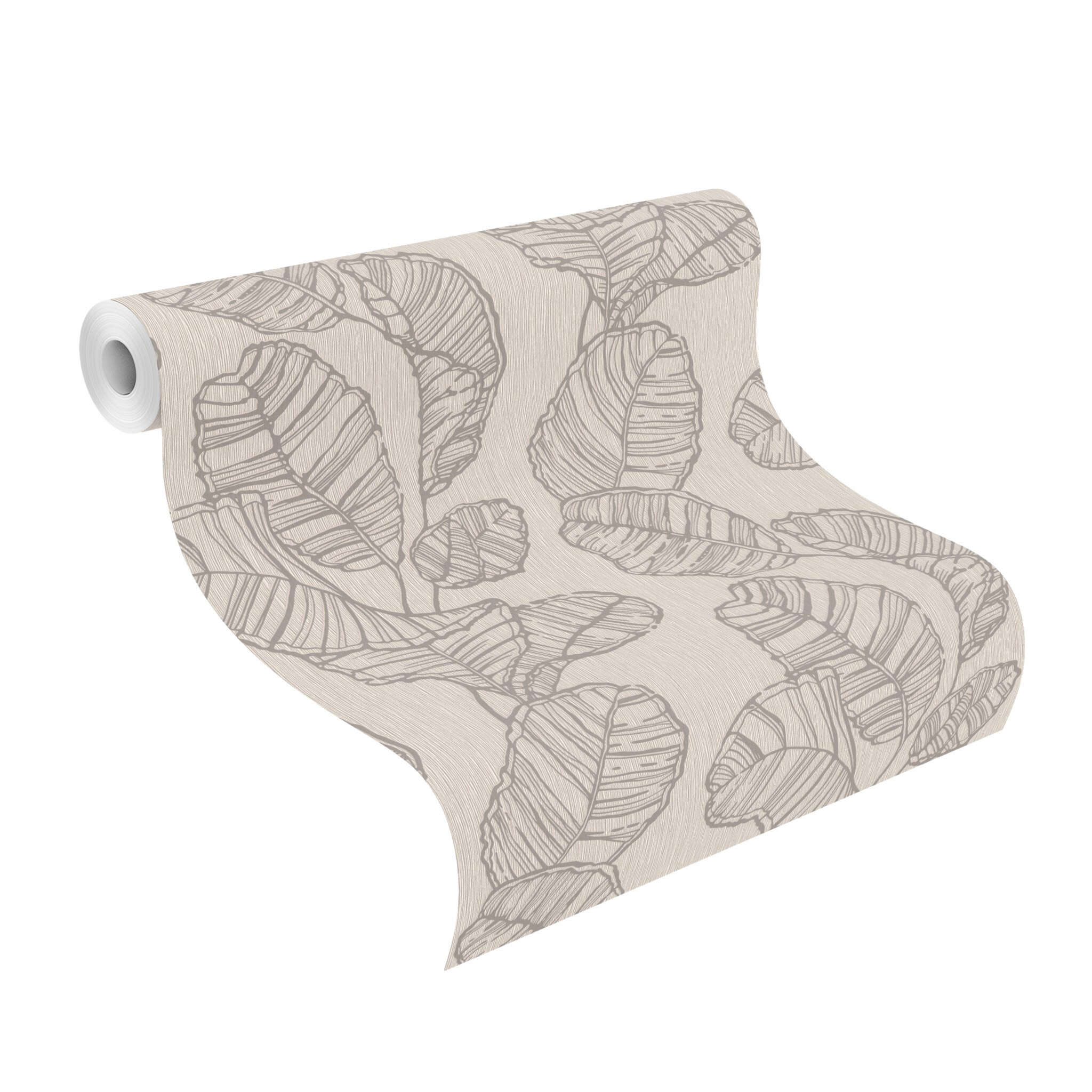 10-822632 Rolle abgerollt 1 Unrolled wallpaper roll with Beige background with a sophisticated vertical texture and leaf motifs in shiny mother-of-pearl
