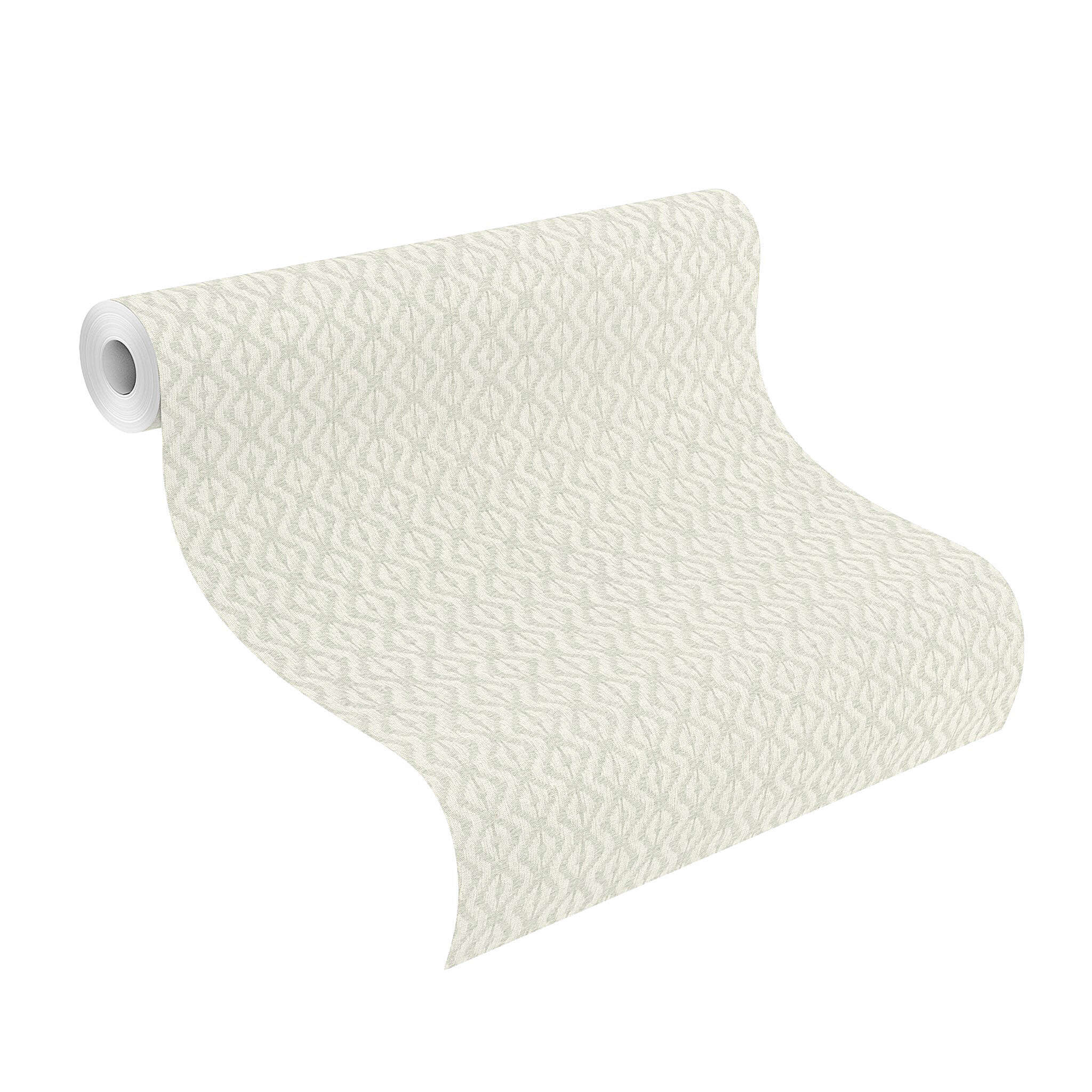 10-410686 Rolle abgerollt 1 Unrolled wallpaper roll with Non-woven wallpaper with a small diamond pattern in white with a textile-like texture.
