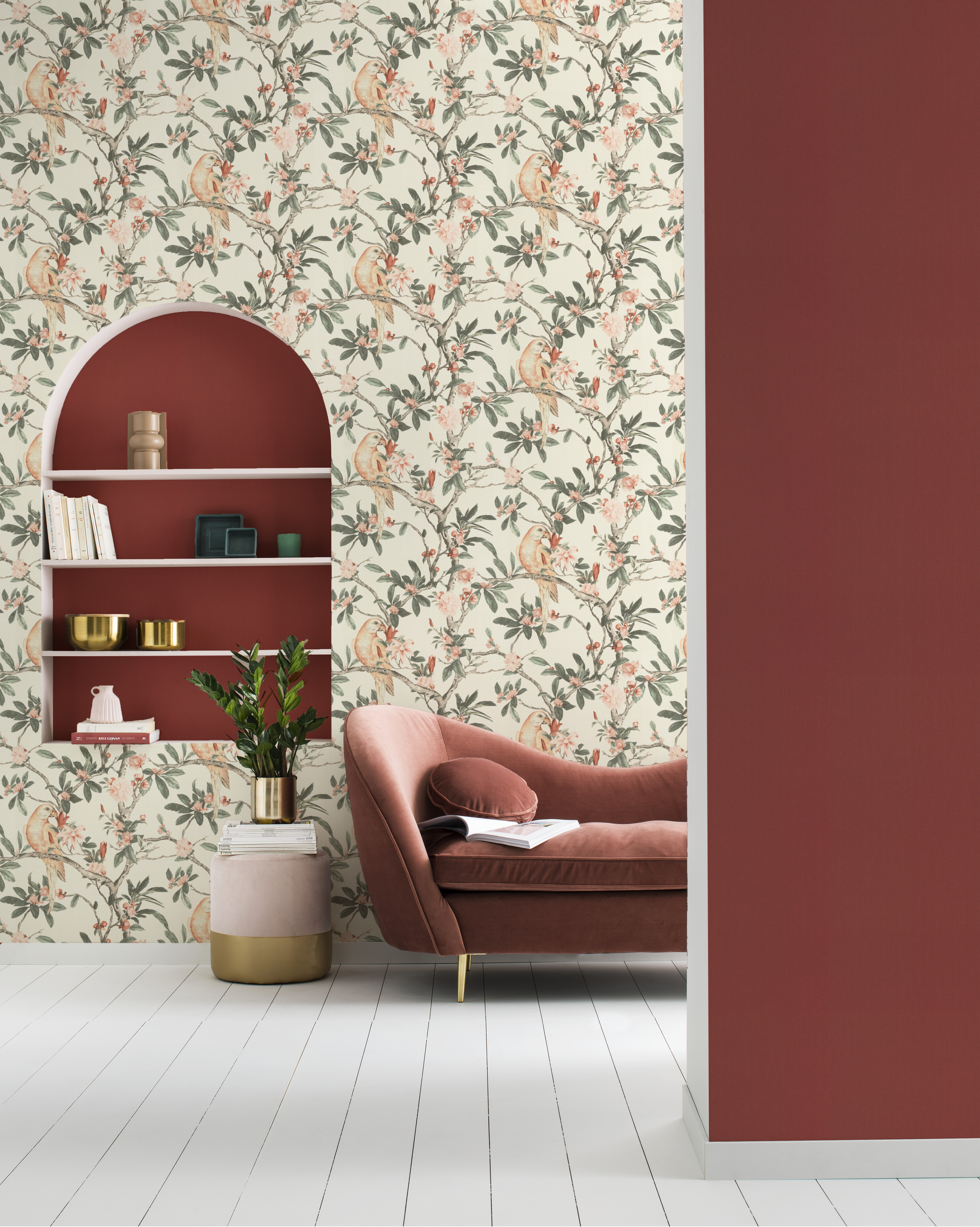 10-542455 Raumsituationen 2 Plain non-woven wallpaper with linen texture in red 542455