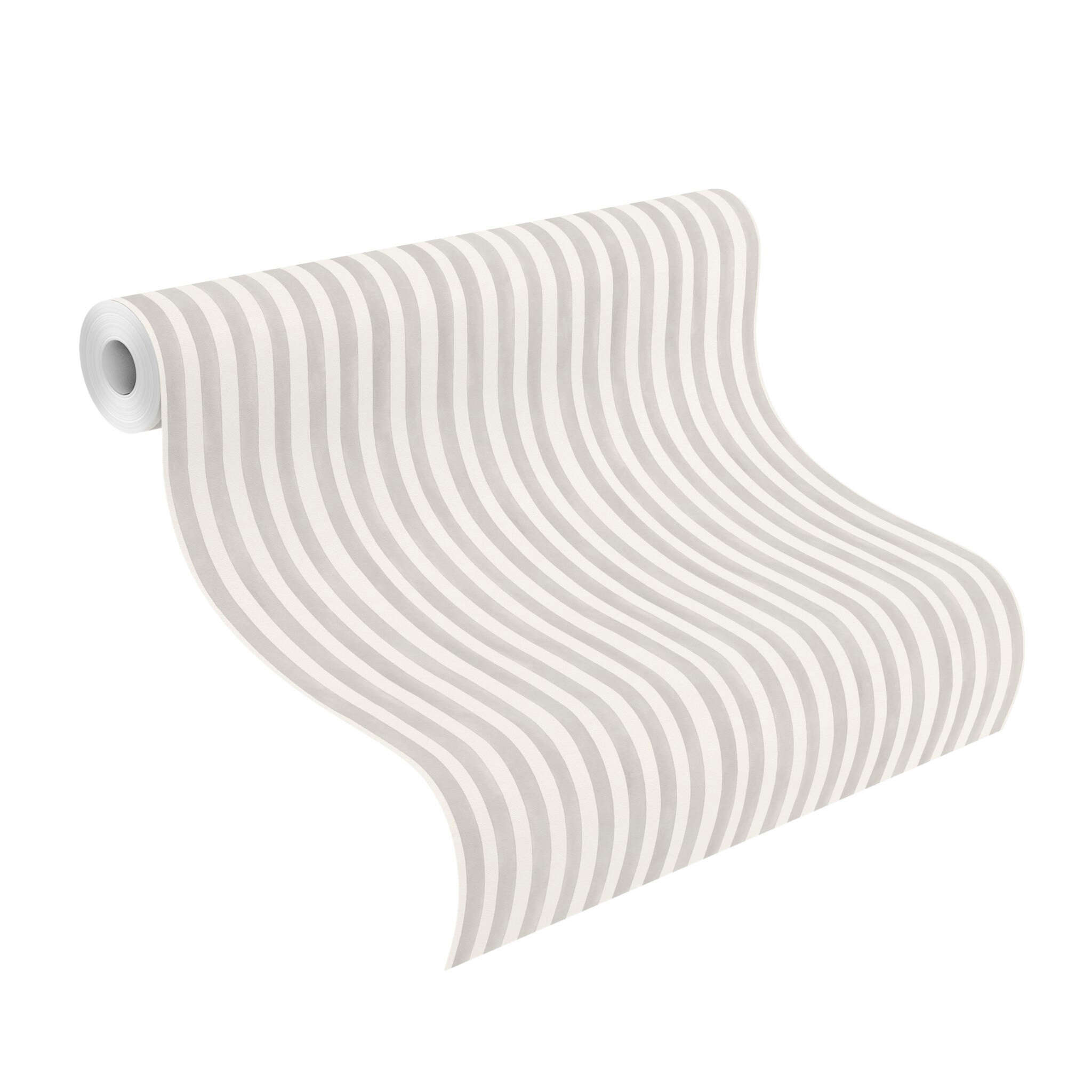 10-252767 Rolle abgerollt 1 Unrolled wallpaper roll with Subtle striped wallpaper in grey and white for classic interior design