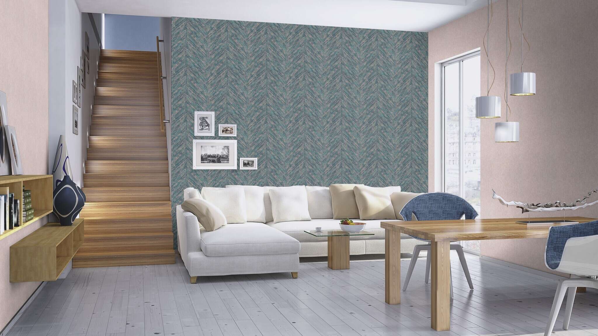 10-617542 Raumsituationen 3 Herringbone non-woven wallpaper in turquoise-lagoon Selection 617542