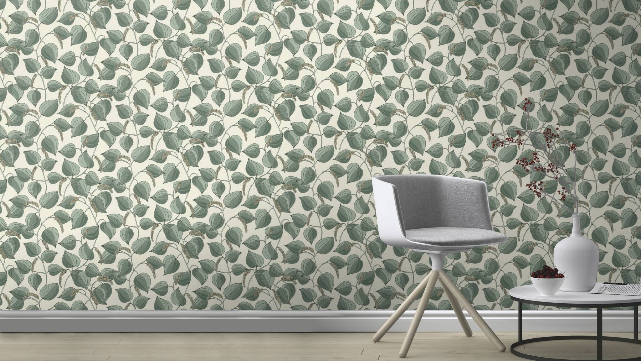 10-580518 Raumsituationen 3 Room with Wallpaper with climbing leaves and berries