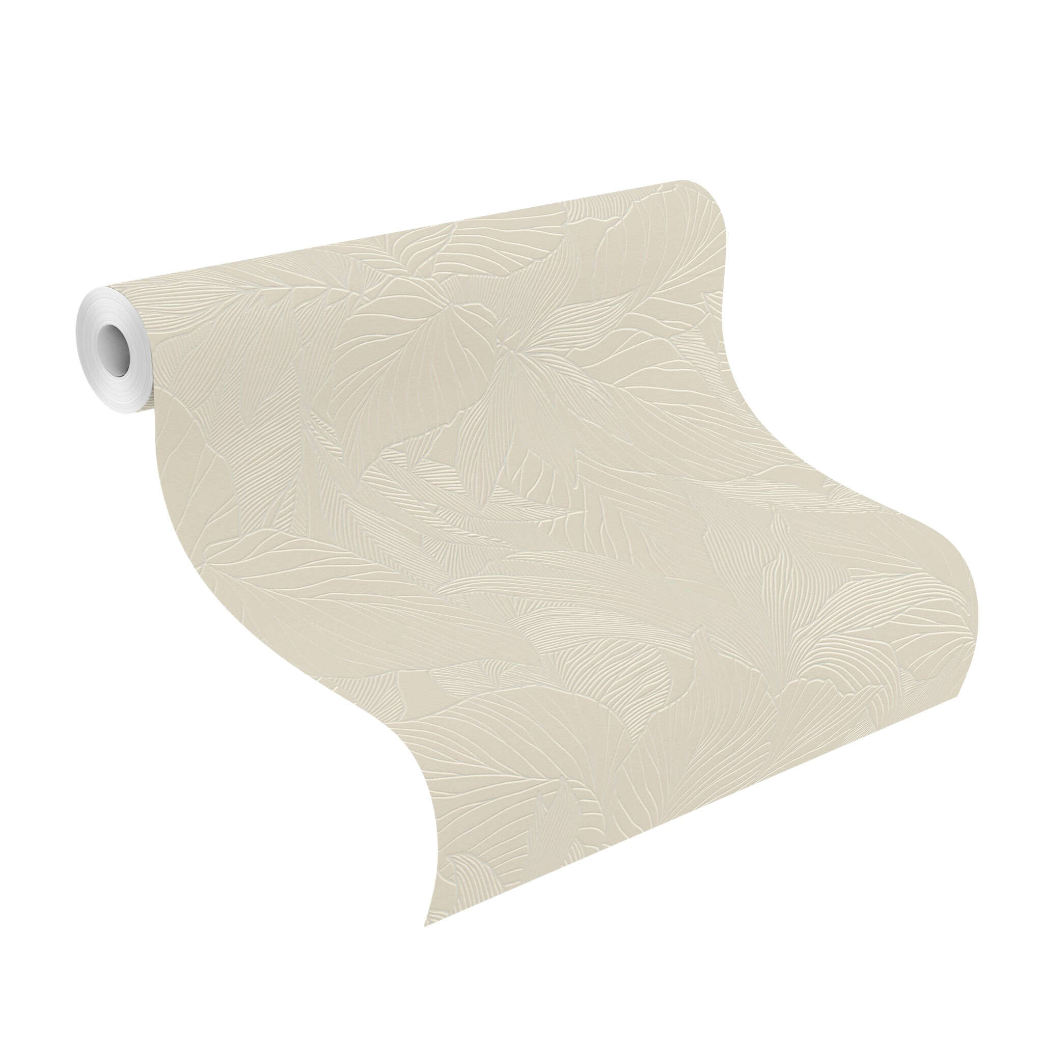 10-314908 Rolle abgerollt 1 Unrolled wallpaper roll with Tone-on-tone non-woven wallpaper with a subtle leaf relief in a warm cream colour – elegant and calm.