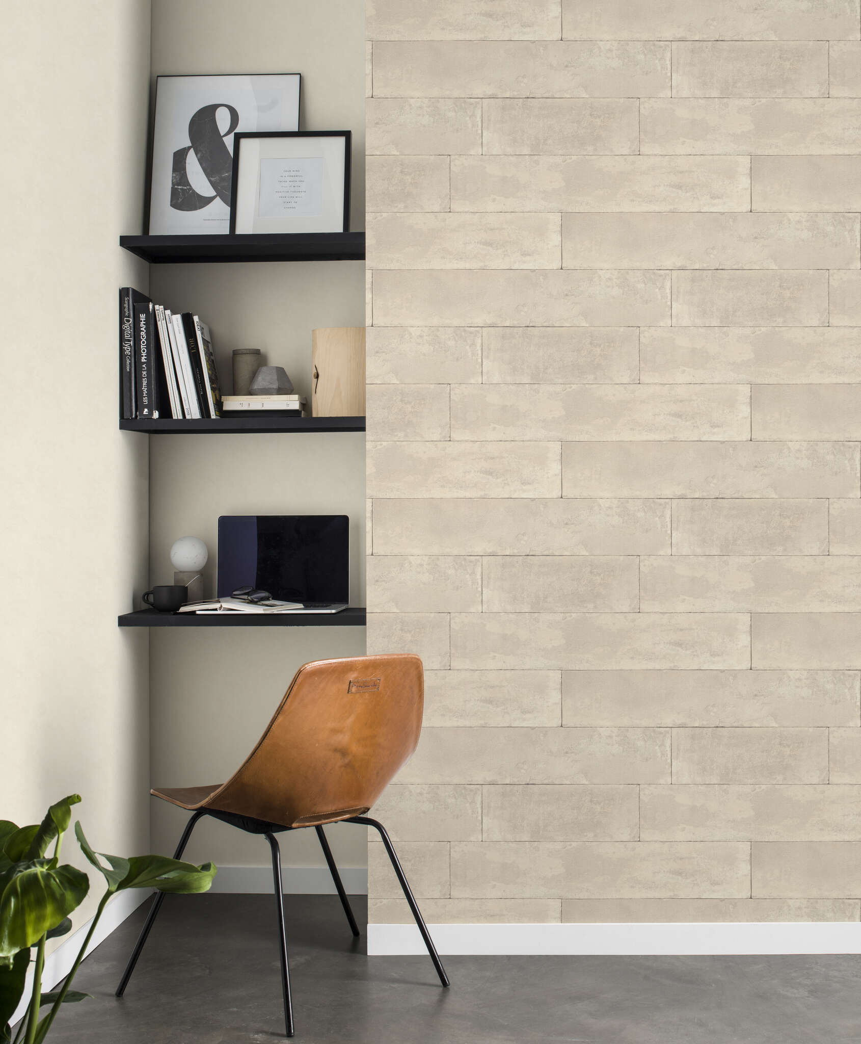 10-426014 Raumsituationen 2 Room with Non-woven wallpaper with large-scale panel pattern in a beige concrete look.