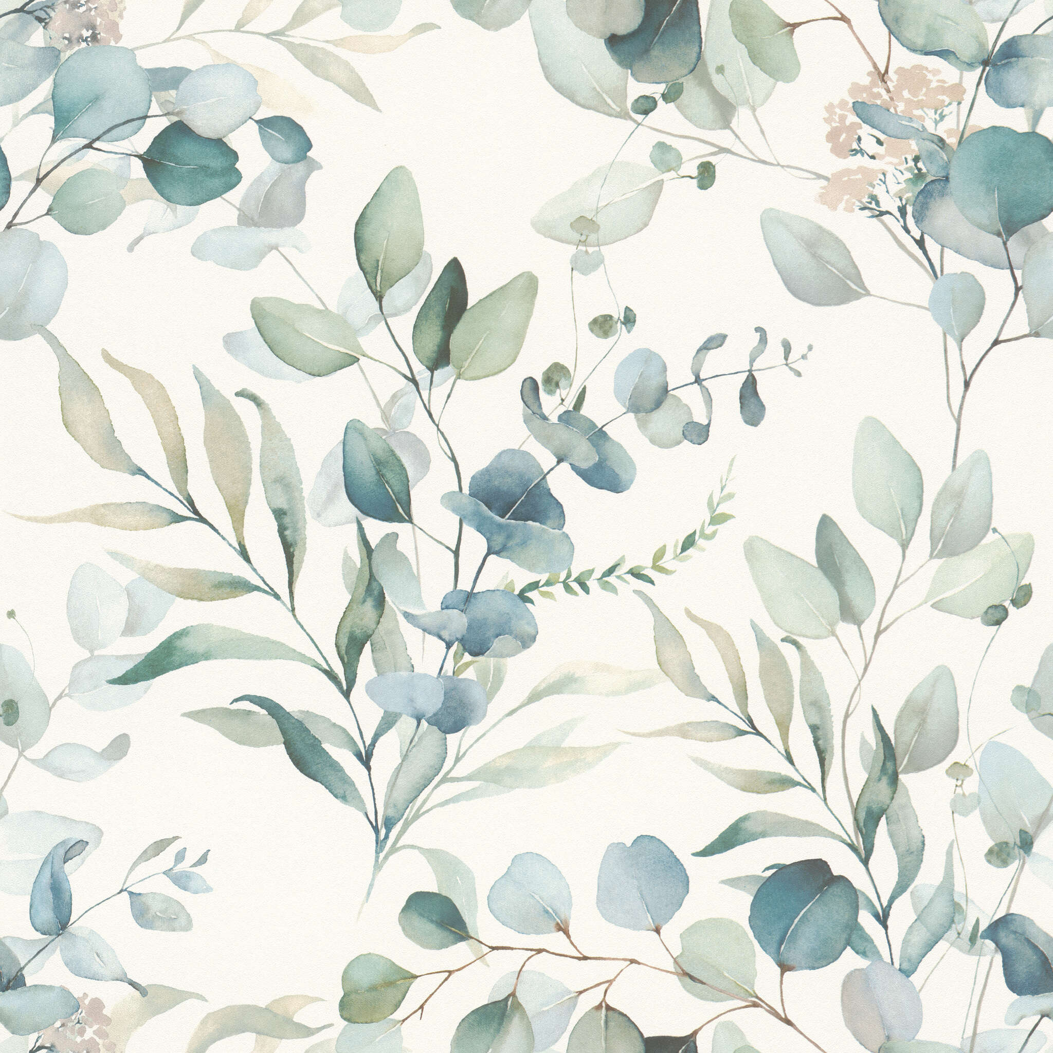 Vliestapete mit Eukalyptus 300215 Watercolour-style leaf wallpaper with finely drawn eucalyptus and fern leaves in muted green and blue tones