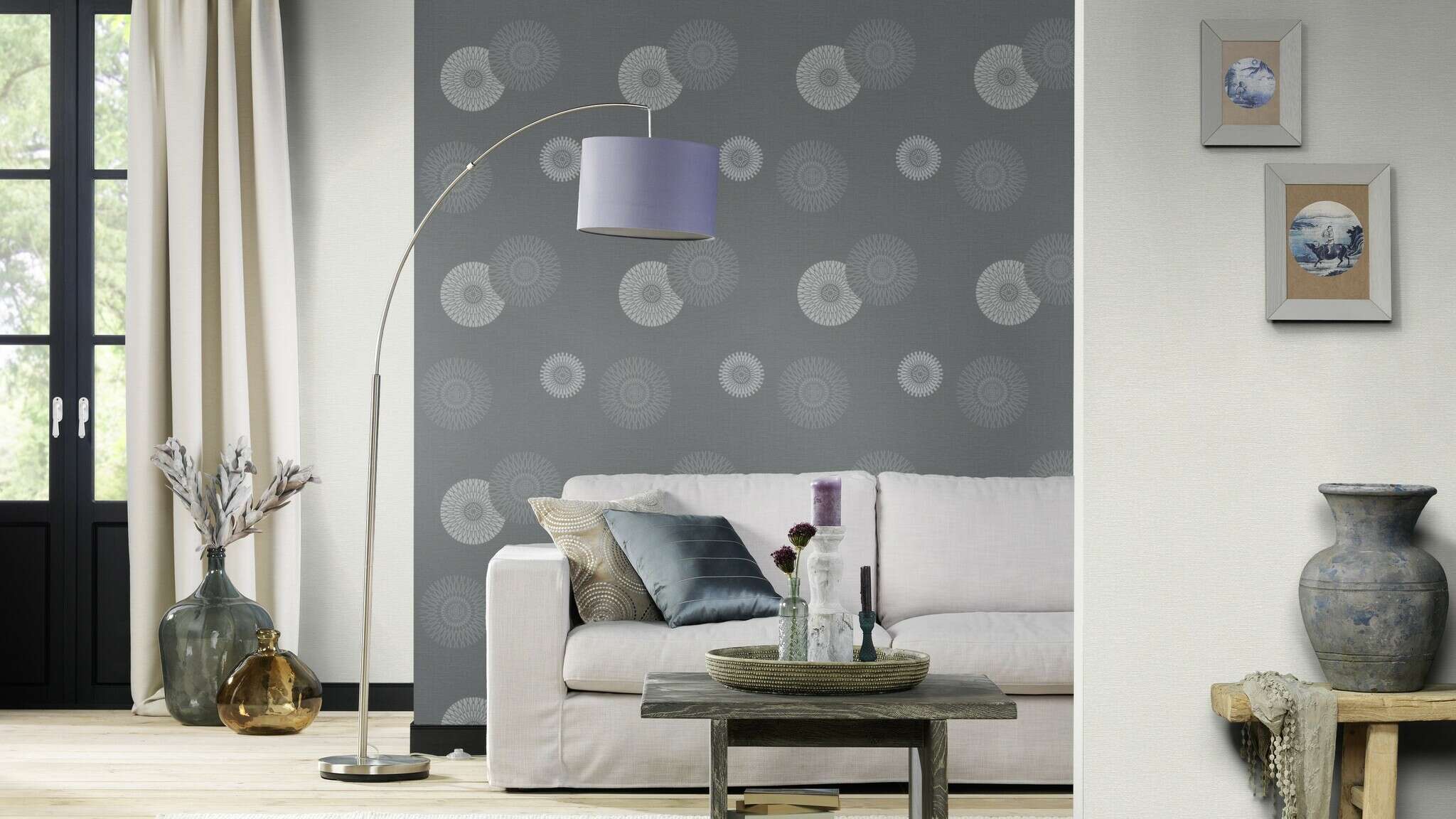 10-808803 Raumsituationen 2 Room with Wallpaper with stylised flowers and textile texture