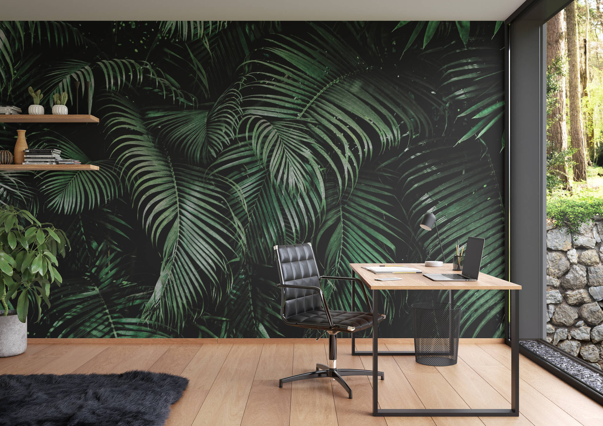 Arbeitszimmer mit Fototapete - Grüne Palmenblätter mit 3D-Effekt in raumfüllendem Zoom