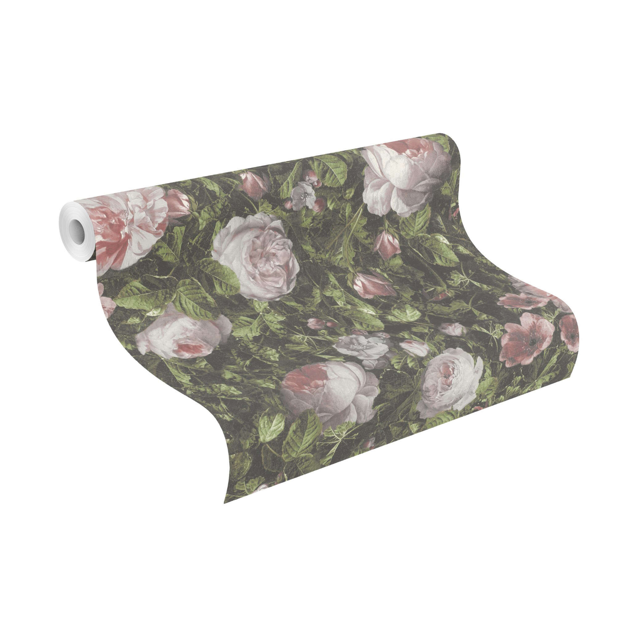 10-278316 Rolle abgerollt 1 Unrolled wallpaper roll with Floral wallpaper with large, detailed roses in pink and white on dense, dark foliage
