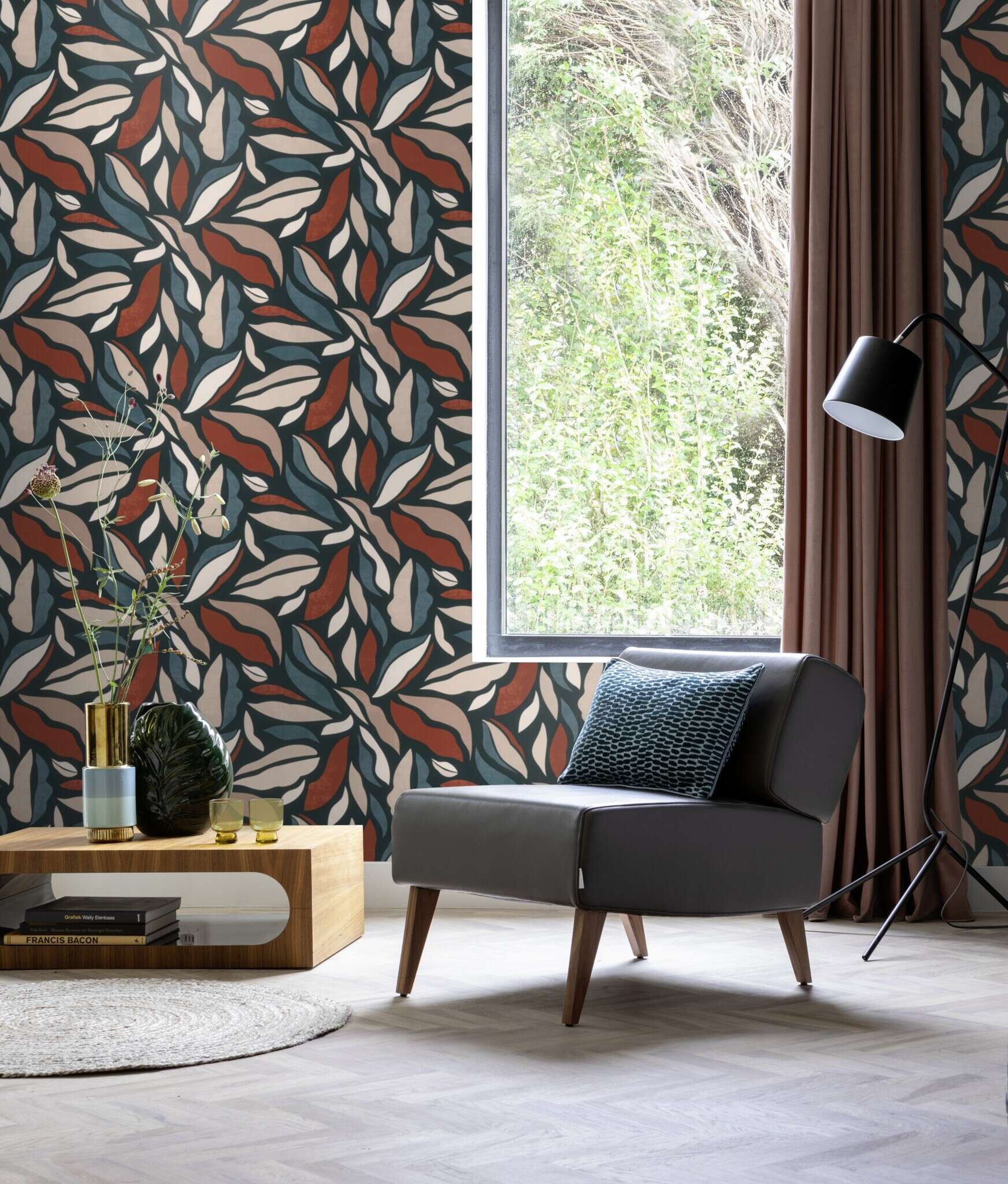 10-869309 Raumsituationen 2 Room with Abstract leaves in curved shapes in blue, rust red, beige and taupe