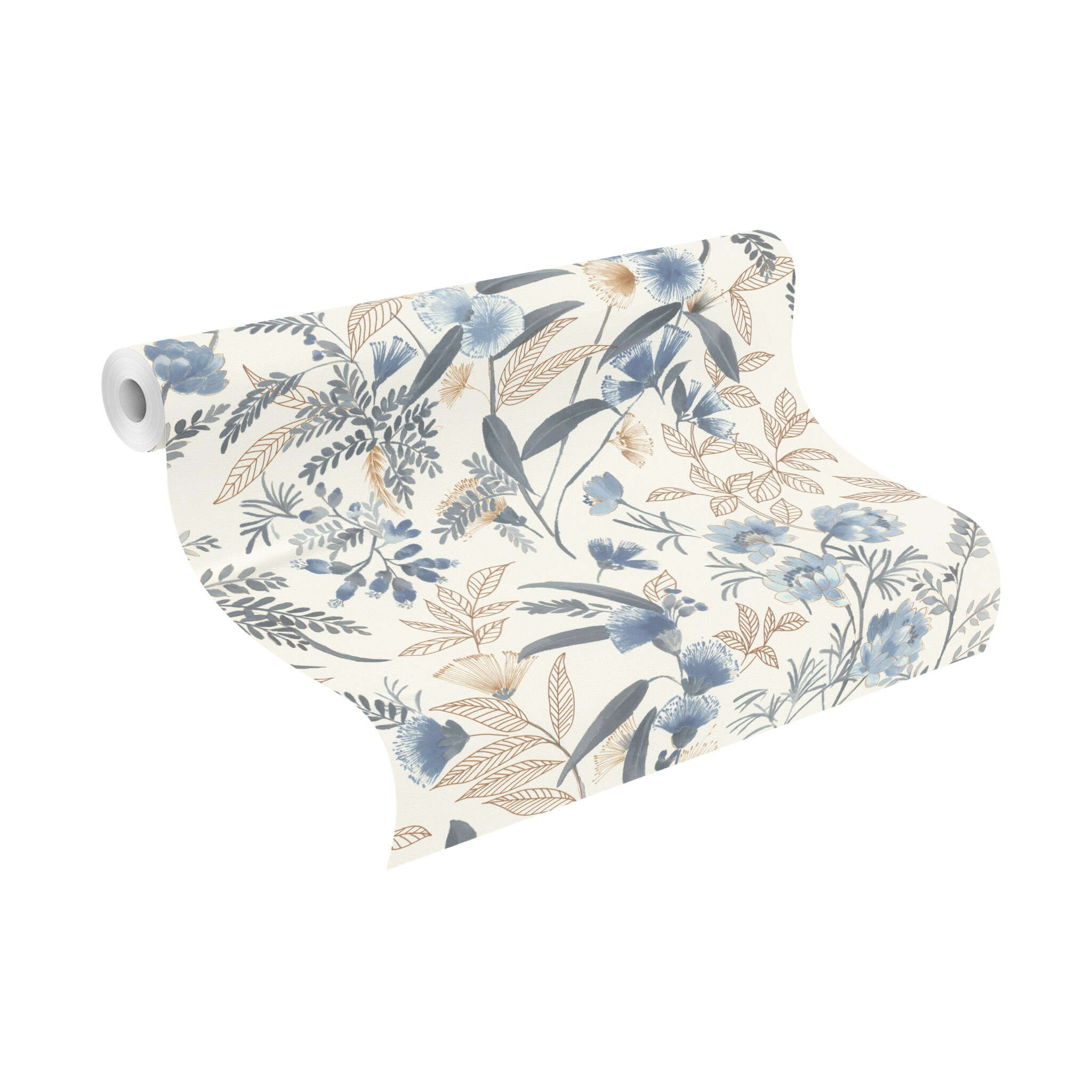 10-869125 Rolle abgerollt 1 Unrolled wallpaper roll with Wallpaper with hand-drawn lines and flowers in a watercolour look
