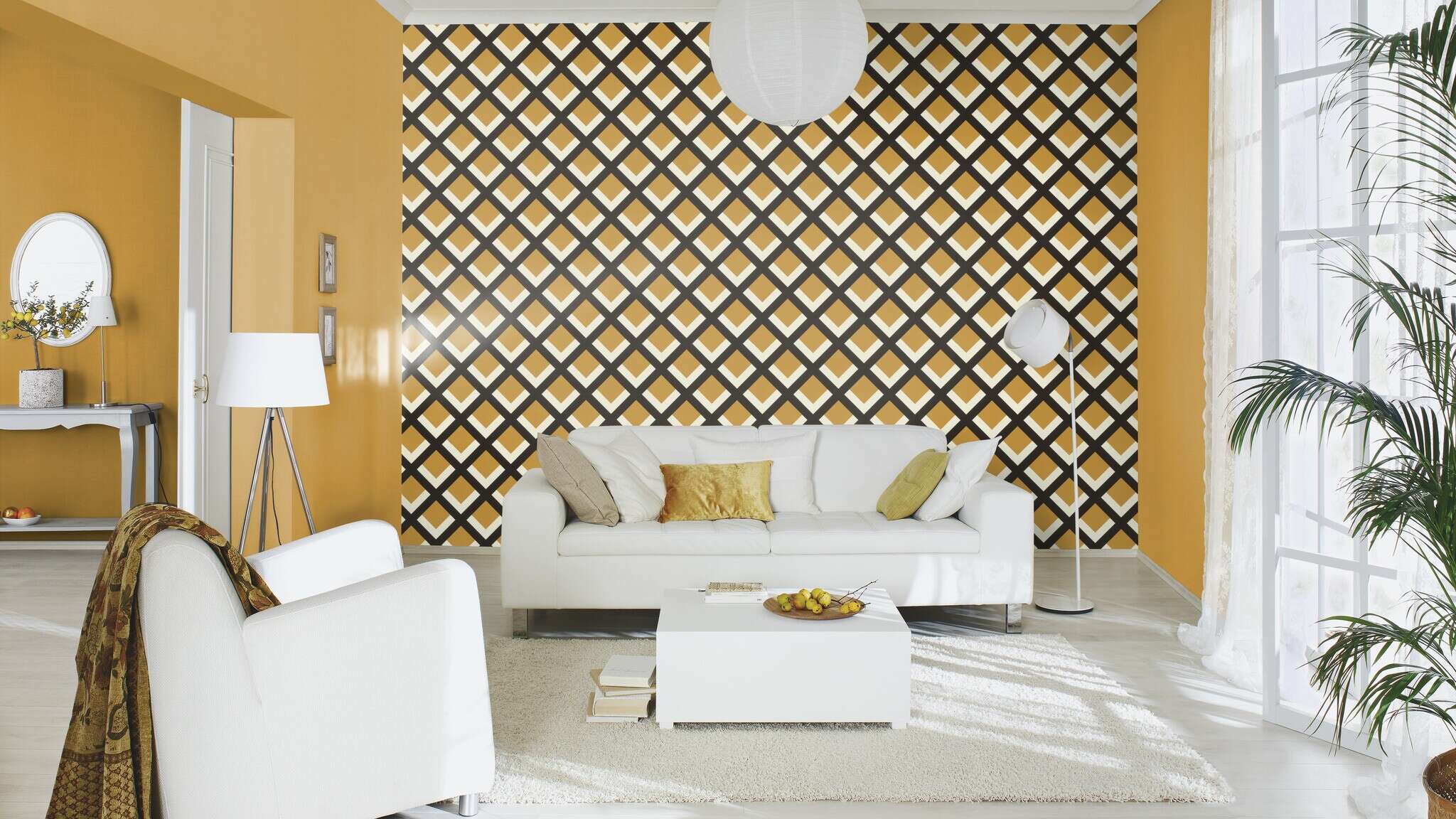 10-452075 Raumsituationen 10 Room with Striking non-woven wallpaper in rich mustard yellow with a light texture – brings warmth and colour to the room.
