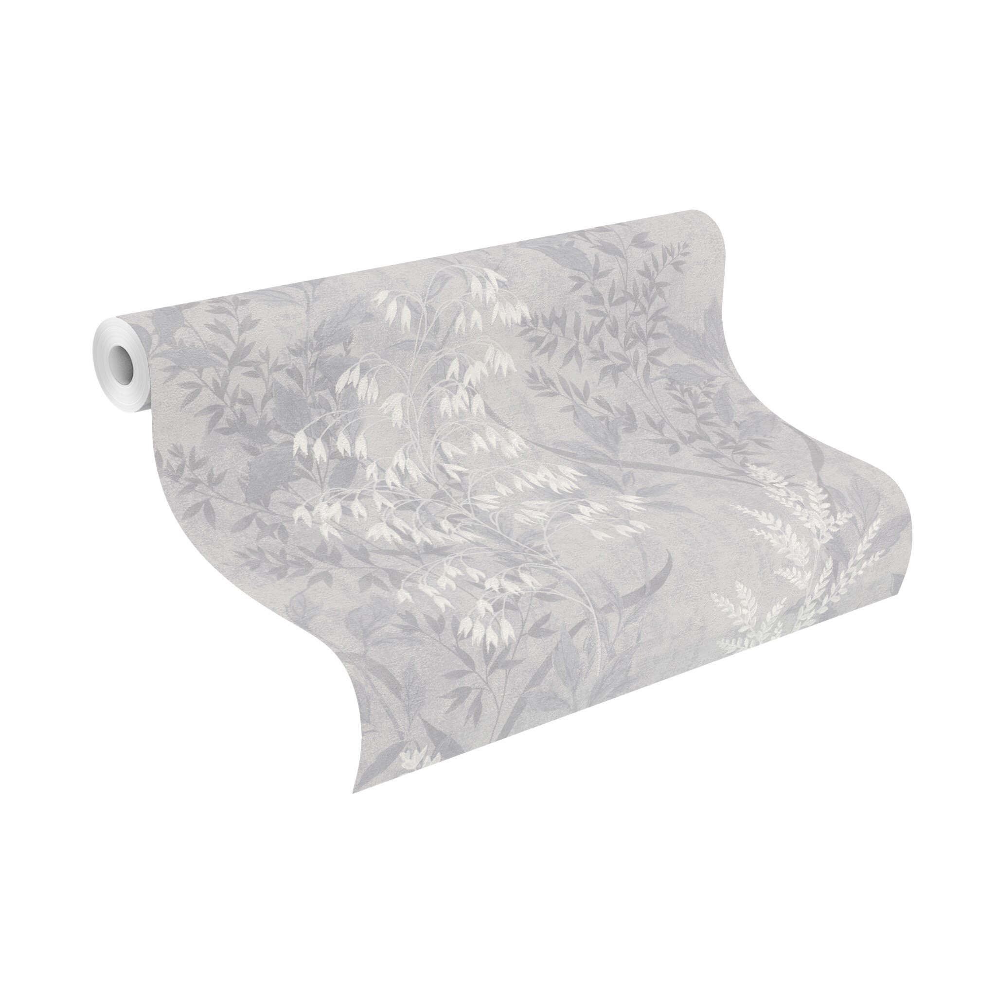 10-285024 Rolle abgerollt 1 Unrolled wallpaper roll with Wallpaper with an elegant glossy pattern of leaves and flowers on a grey background