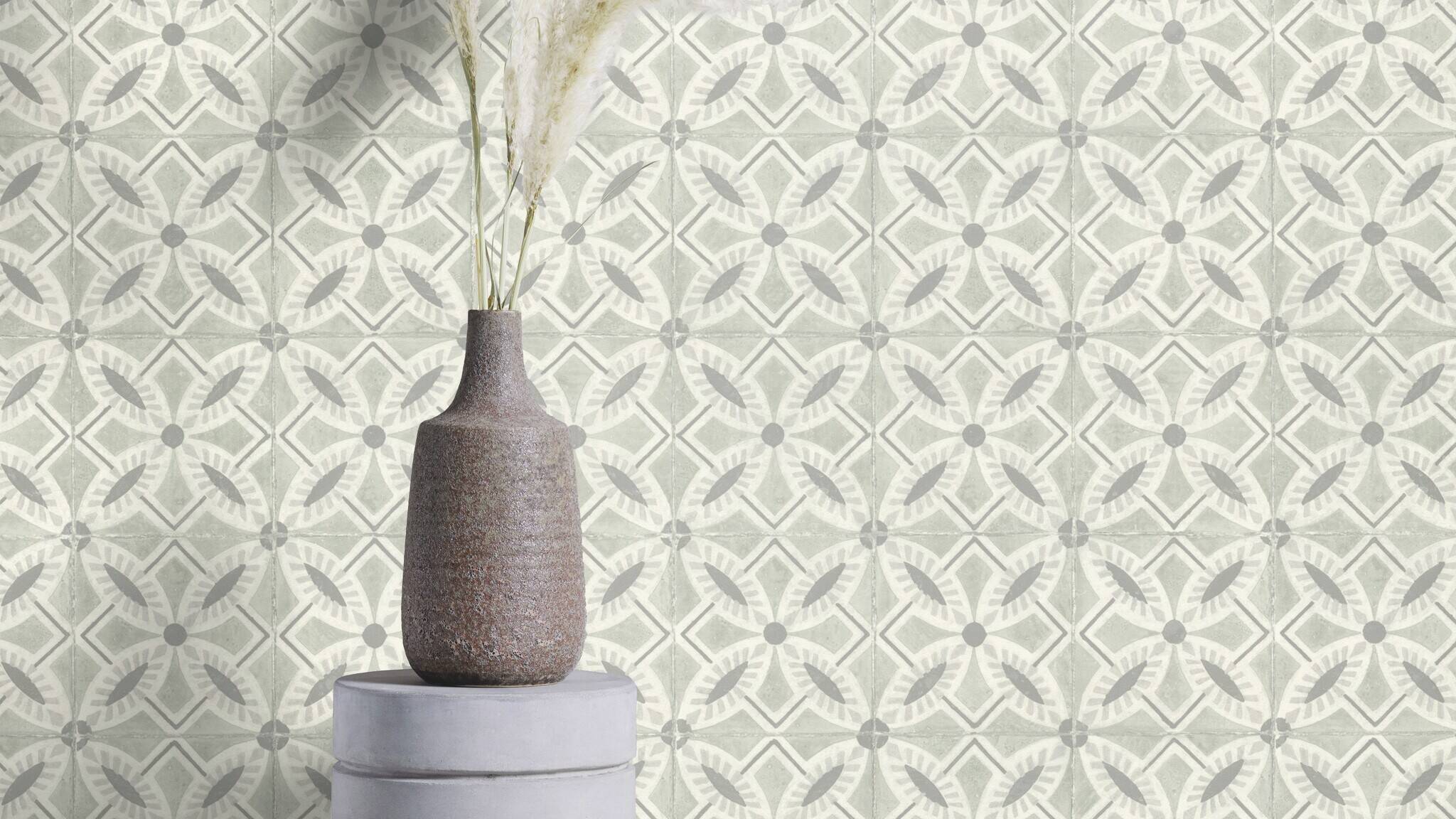 10-410242 Raumsituationen 1 Tile non-woven wallpaper in gray-grey-green Beachhouse 410242