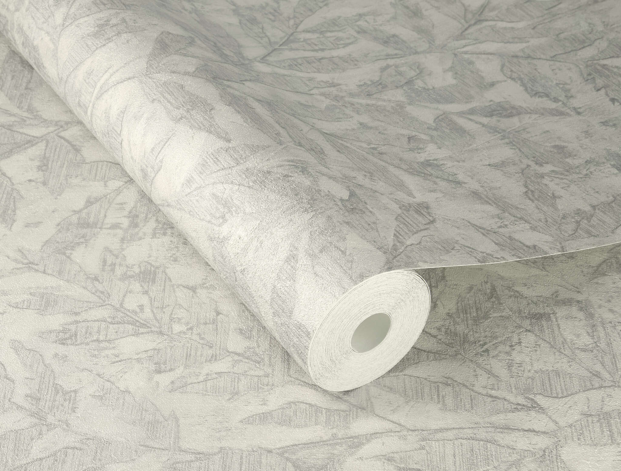 10-315011 Detailaufnahmen 1 Image détaillée de Papier peint ton sur ton avec un délicat relief de feuilles dans un gris clair moderne – élégant et subtil.