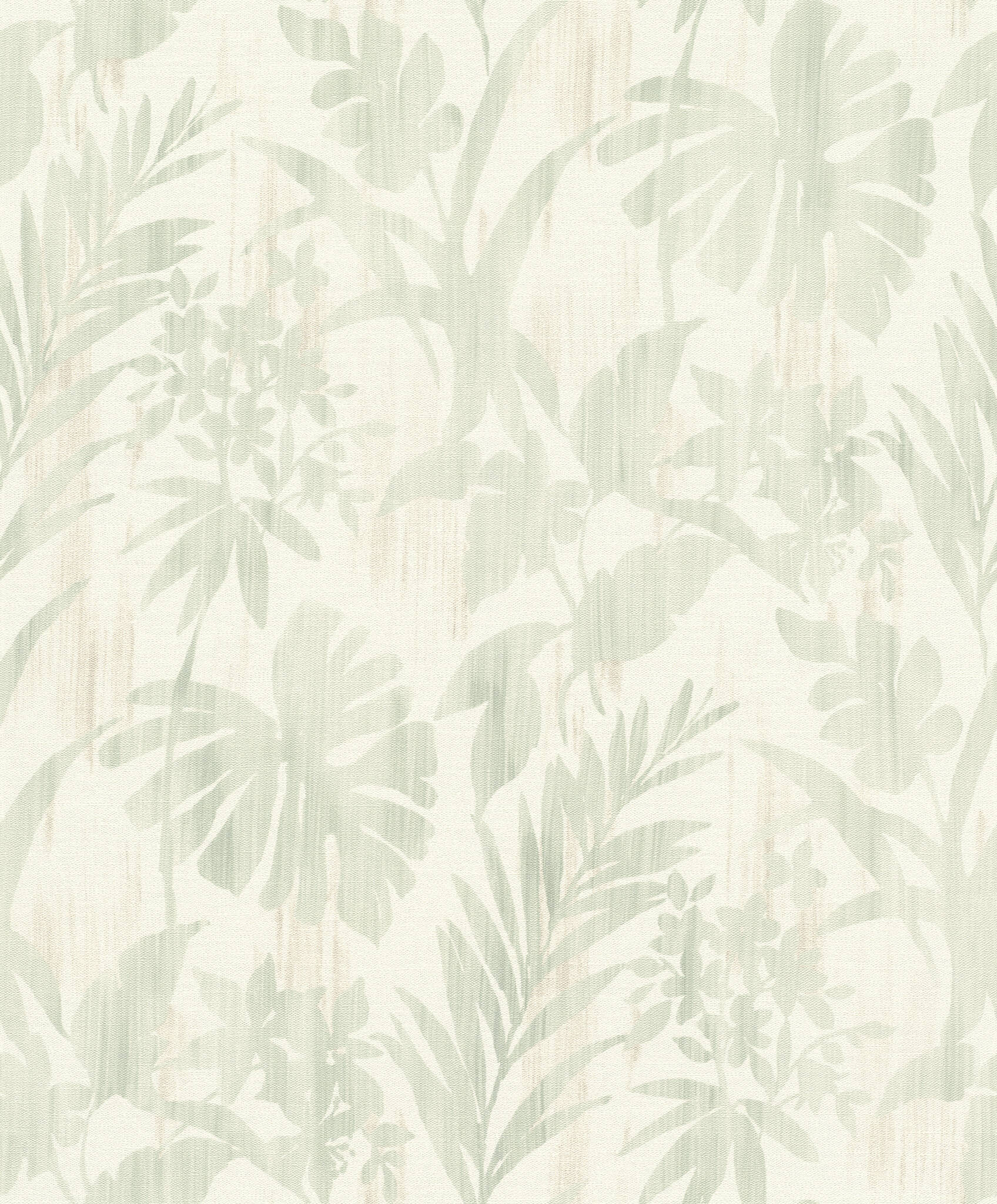 10-410587 Artikelscan 1 Non-woven wallpaper with tropical leaf pattern in mint green on a light background.