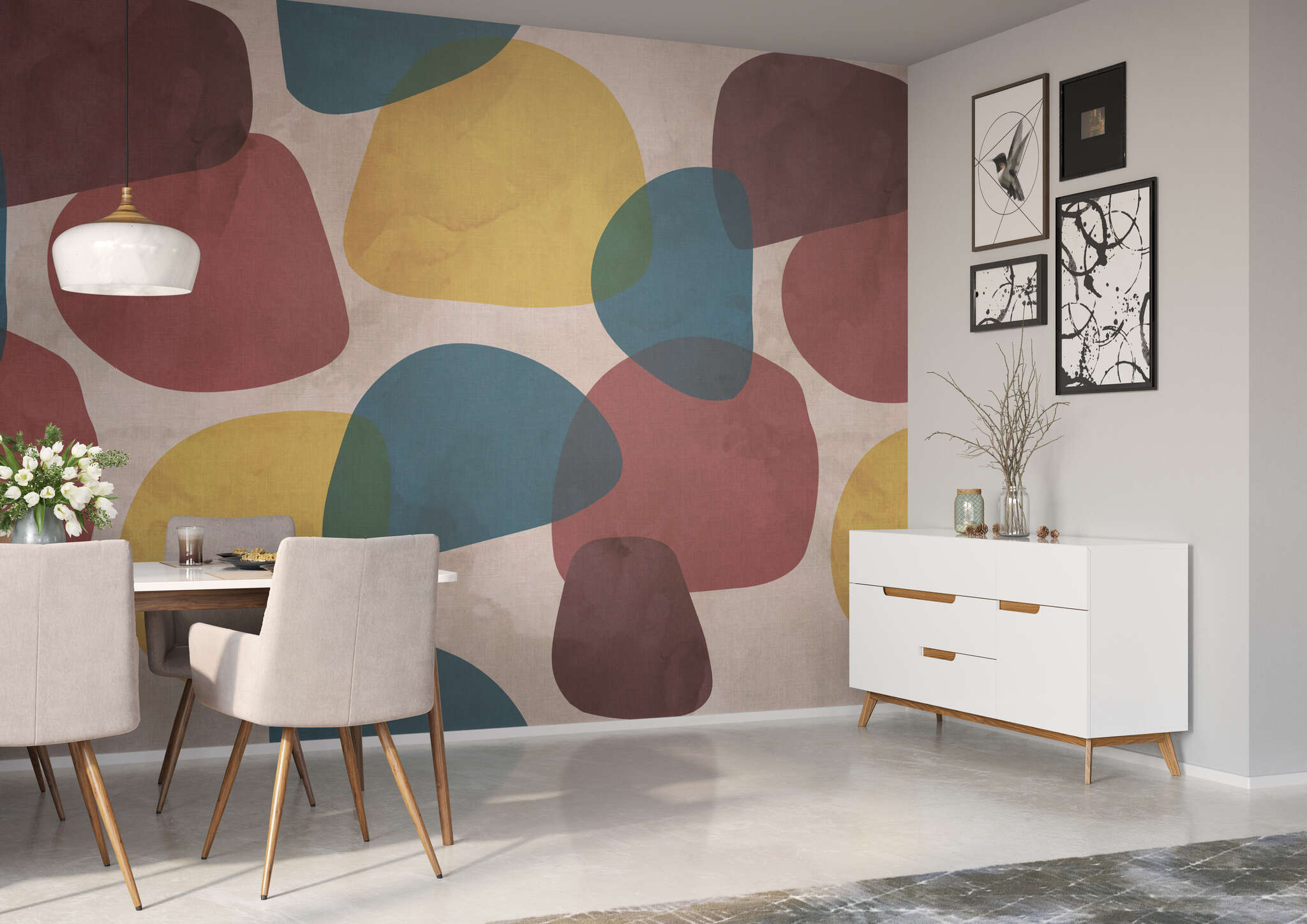 Esszimmer mit 363845 - Wandbild - Organische Farbflächen in blau, gelb und rot tanzen über die Wand magicwalls Papier peint 363845