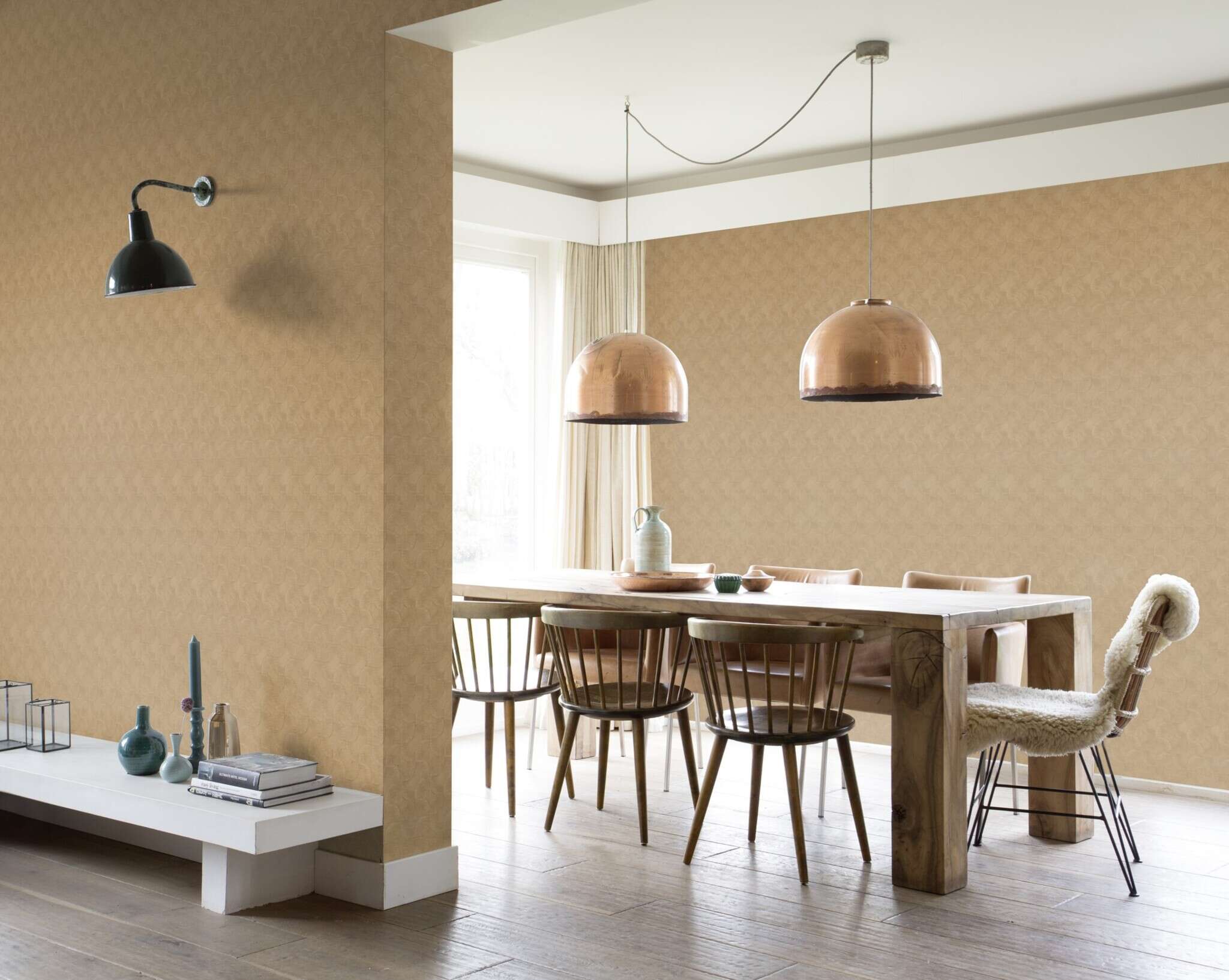 10-608151 Raumsituationen 1 Room with Graphic wallpaper with overlapping waves in a three-dimensional look