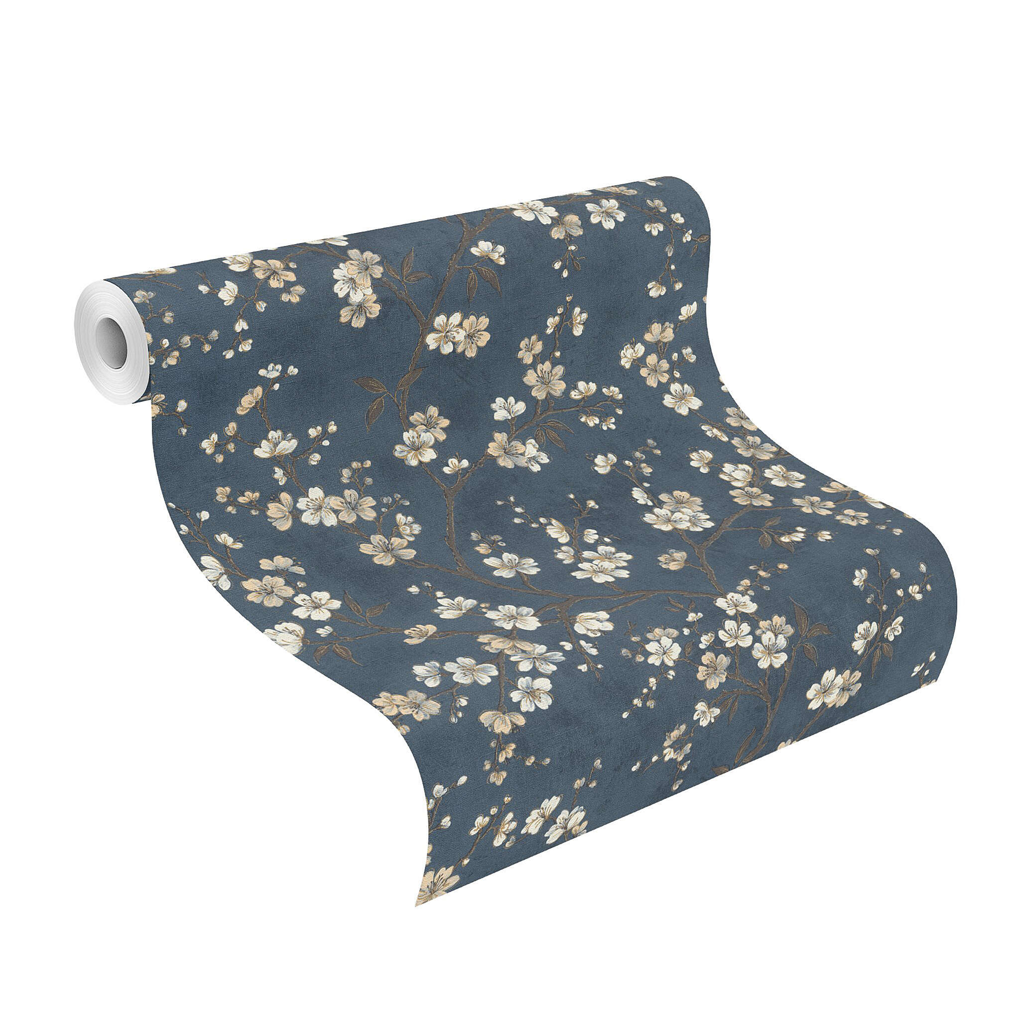 10-456738 Rolle abgerollt 1 Unrolled wallpaper roll with Elegant non-woven wallpaper with finely drawn flower branches in light natural tones on a deep petrol blue background