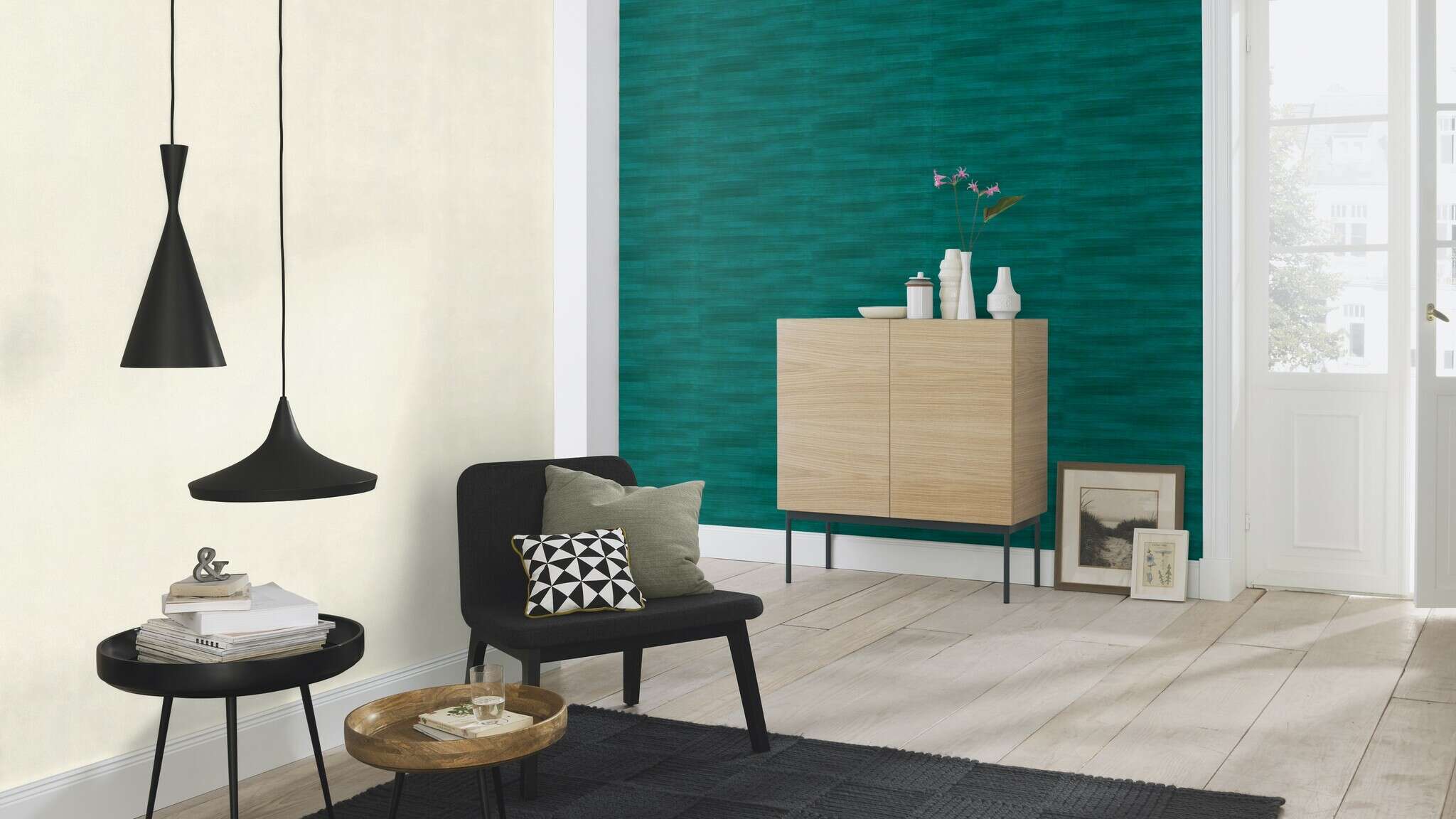 10-418408 Raumsituationen 3 Leather-look non-woven wallpaper in green-petrol green Selection 418408