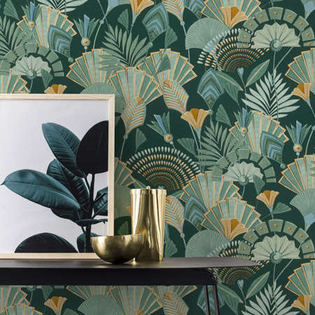 10-635690 Raumbilder 1 Raum mit Tapete mit abstrakten Blättern und stilisierten Pflanzen im Art-Déco-Stil
