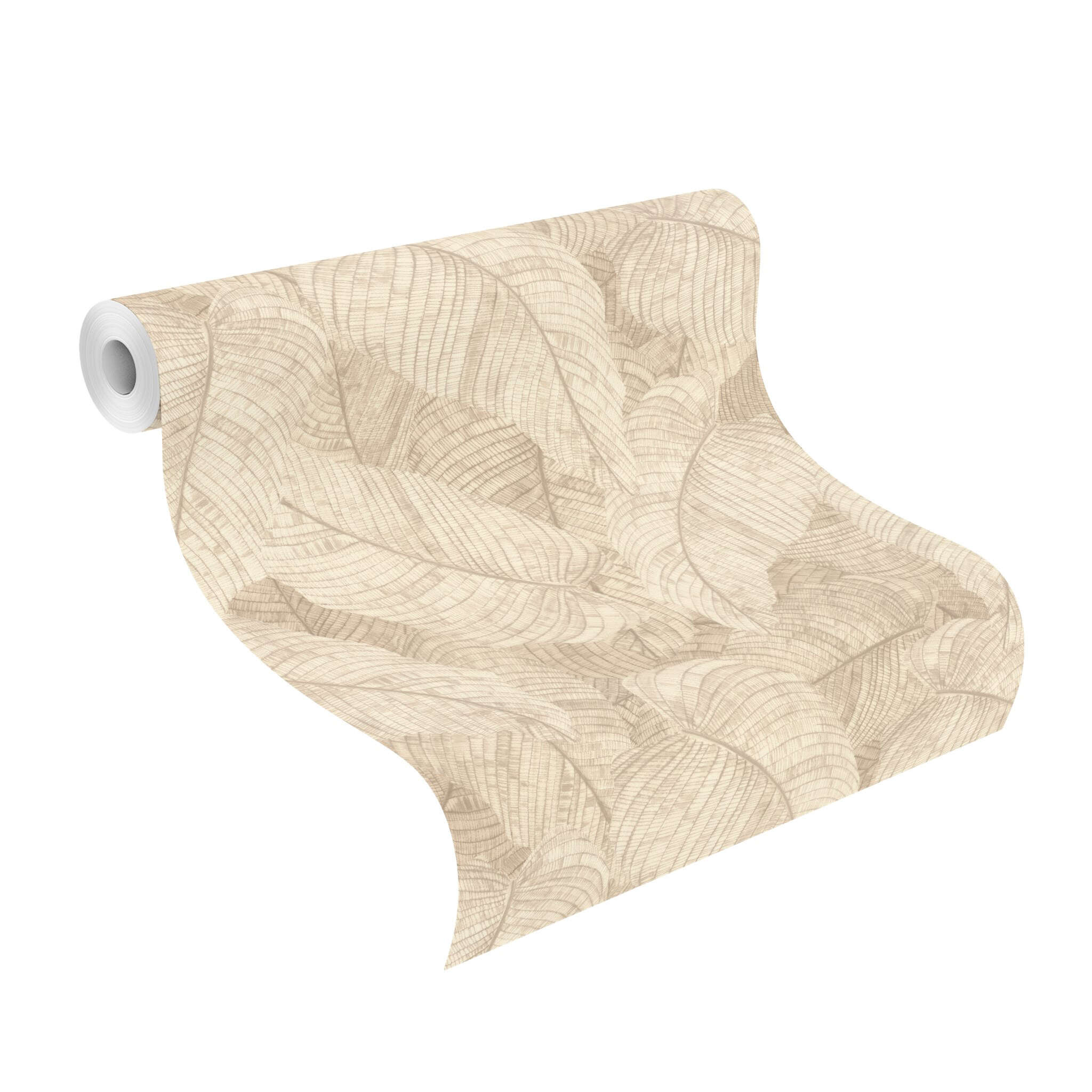 10-720556 Rolle abgerollt 1 Unrolled wallpaper roll with Large, overlapping, beige leaves in a drawn look