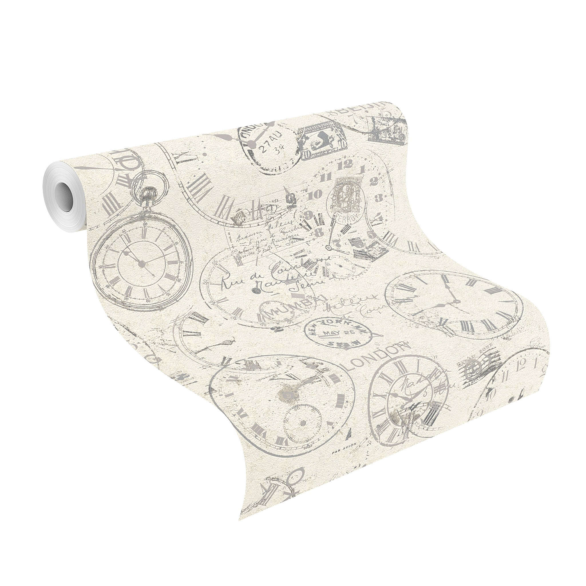 10-649208 Rolle abgerollt 1 Unrolled wallpaper roll with Wallpaper with clocks, postcards and stamps