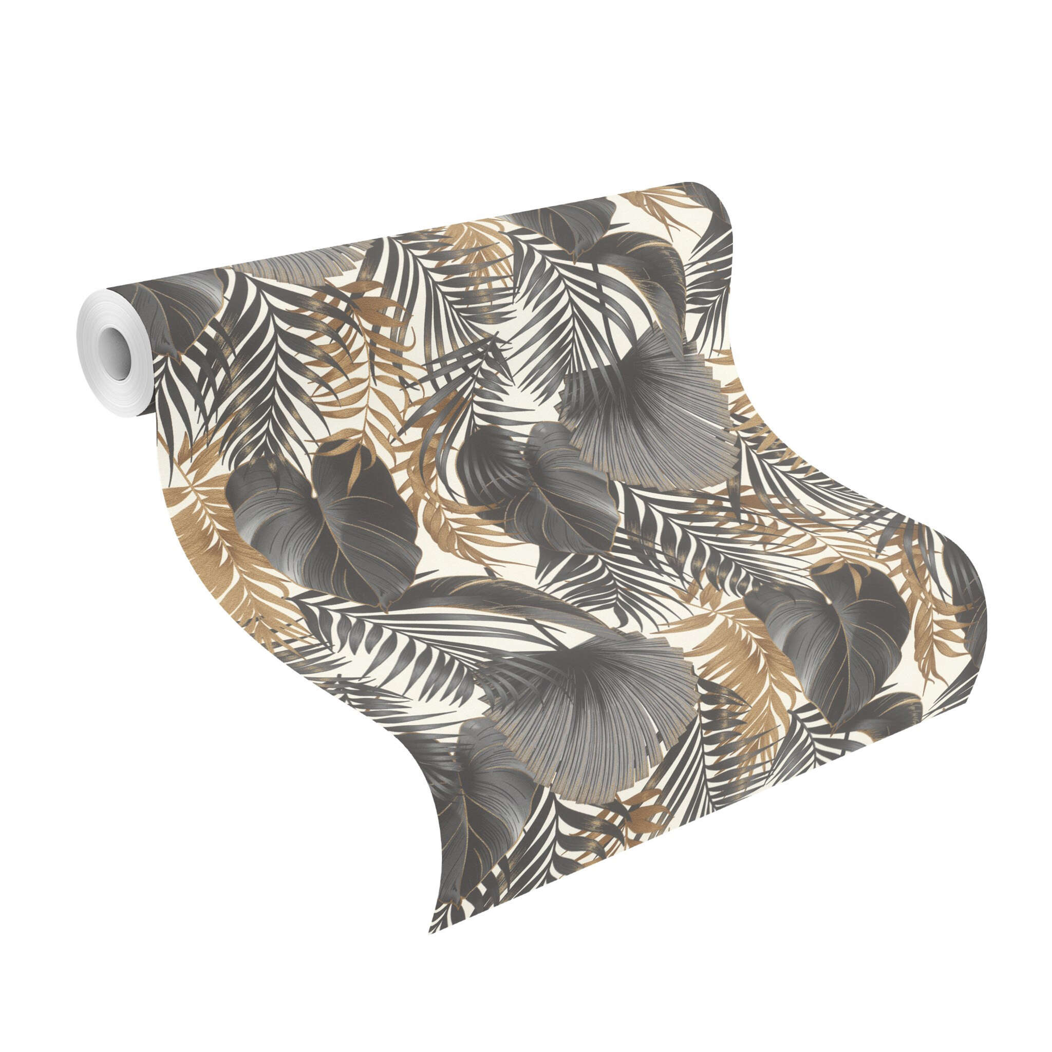 10-462050 Rolle abgerollt 1 Rouleau de déroulé avec Motif jungle élégant avec des feuilles dorées et anthracite sur fond clair