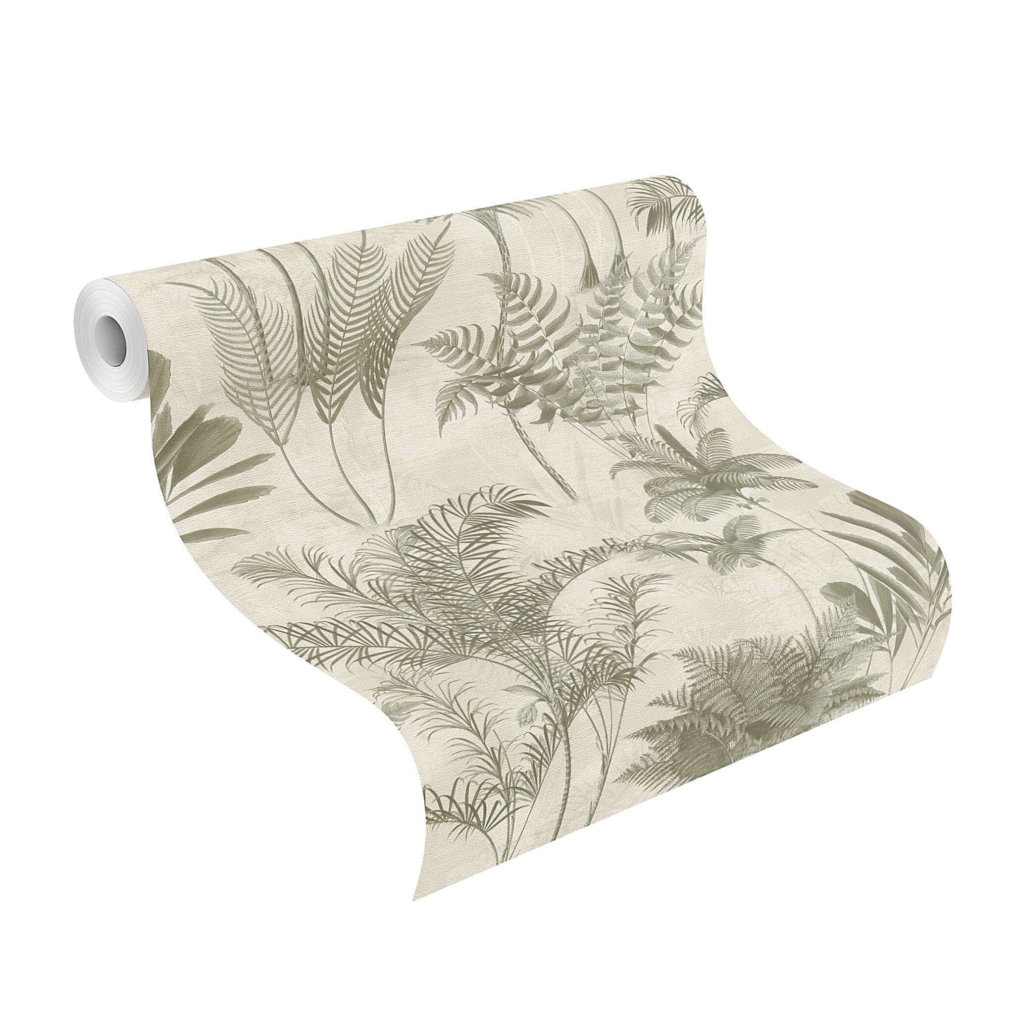 10-555141 Rolle abgerollt 1 Unrolled wallpaper roll with Palm wallpaper with exotic leaves in a vintage look and plaster texture