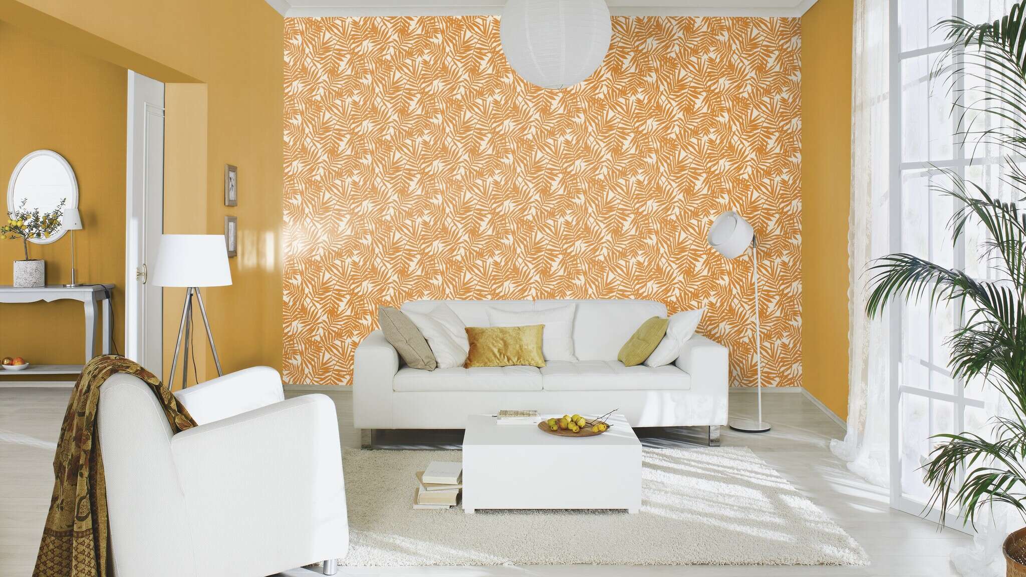 10-452075 Raumsituationen 4 Room with Striking non-woven wallpaper in rich mustard yellow with a light texture – brings warmth and colour to the room.