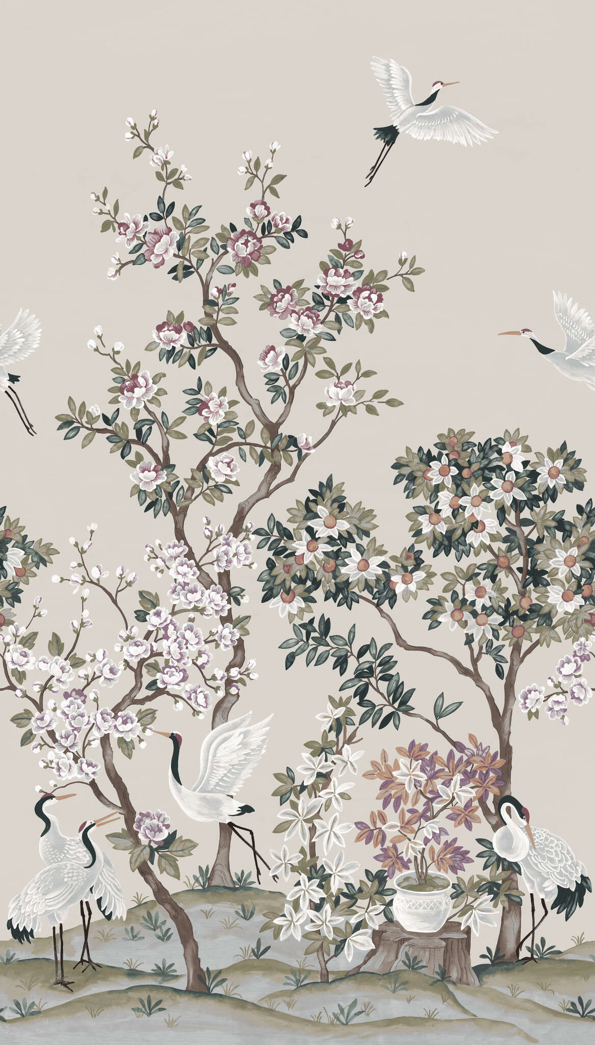 10-368024 Artikelscan 1 Serene Garden wall mural with cranes in beige – Noble Zen 368024