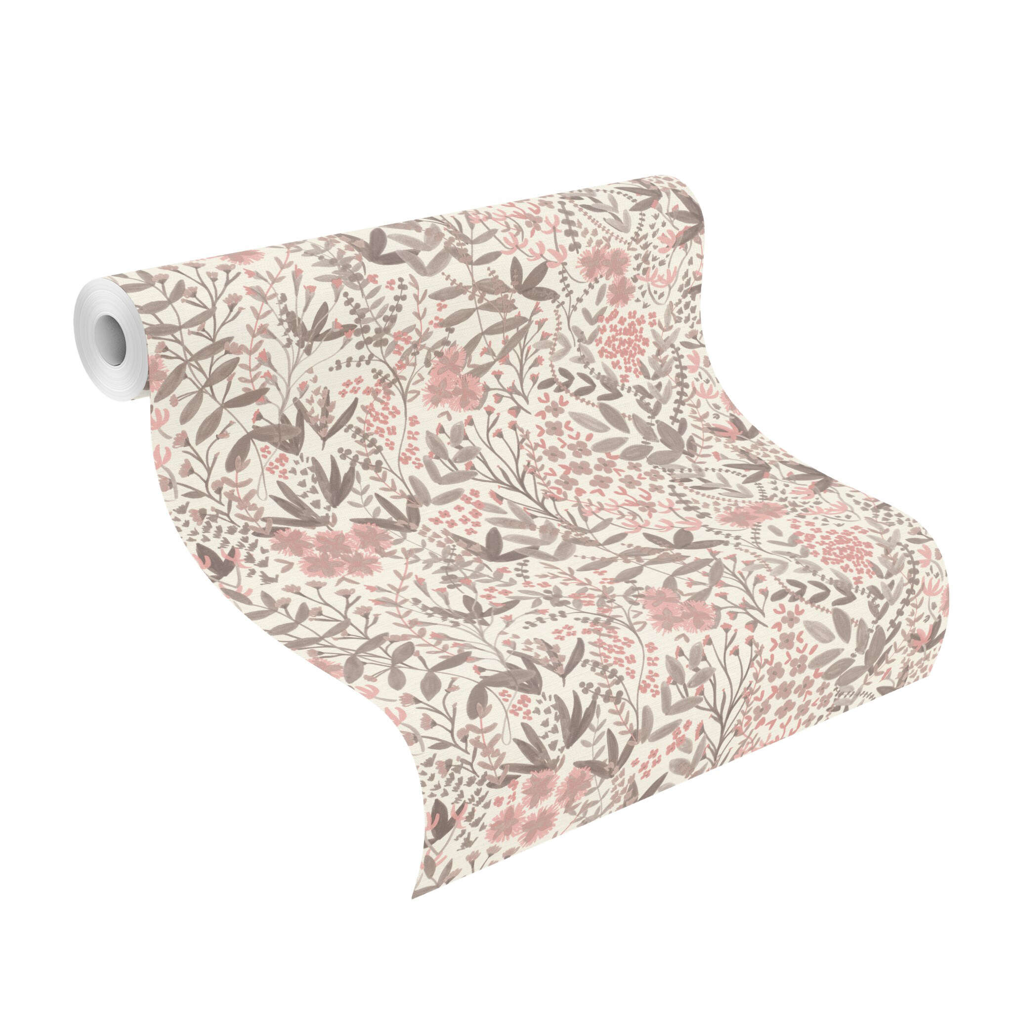 10-580761 Rolle abgerollt 1 Rollenabbildung mit Tapete mit handgemalten Blumen und Blättern in Aquarelloptik