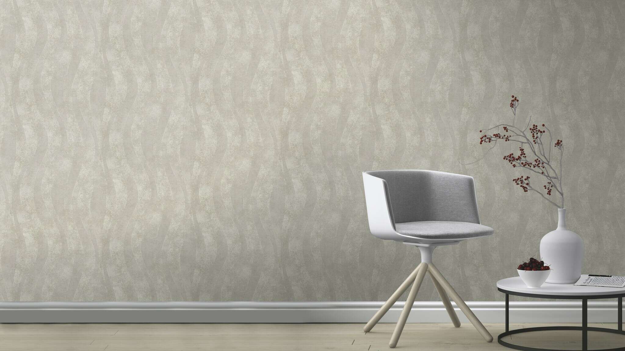 10-315813 Raumsituationen 1 Room with Beige wallpaper with a gently curved wave pattern on a textured surface – subtle and dynamic.