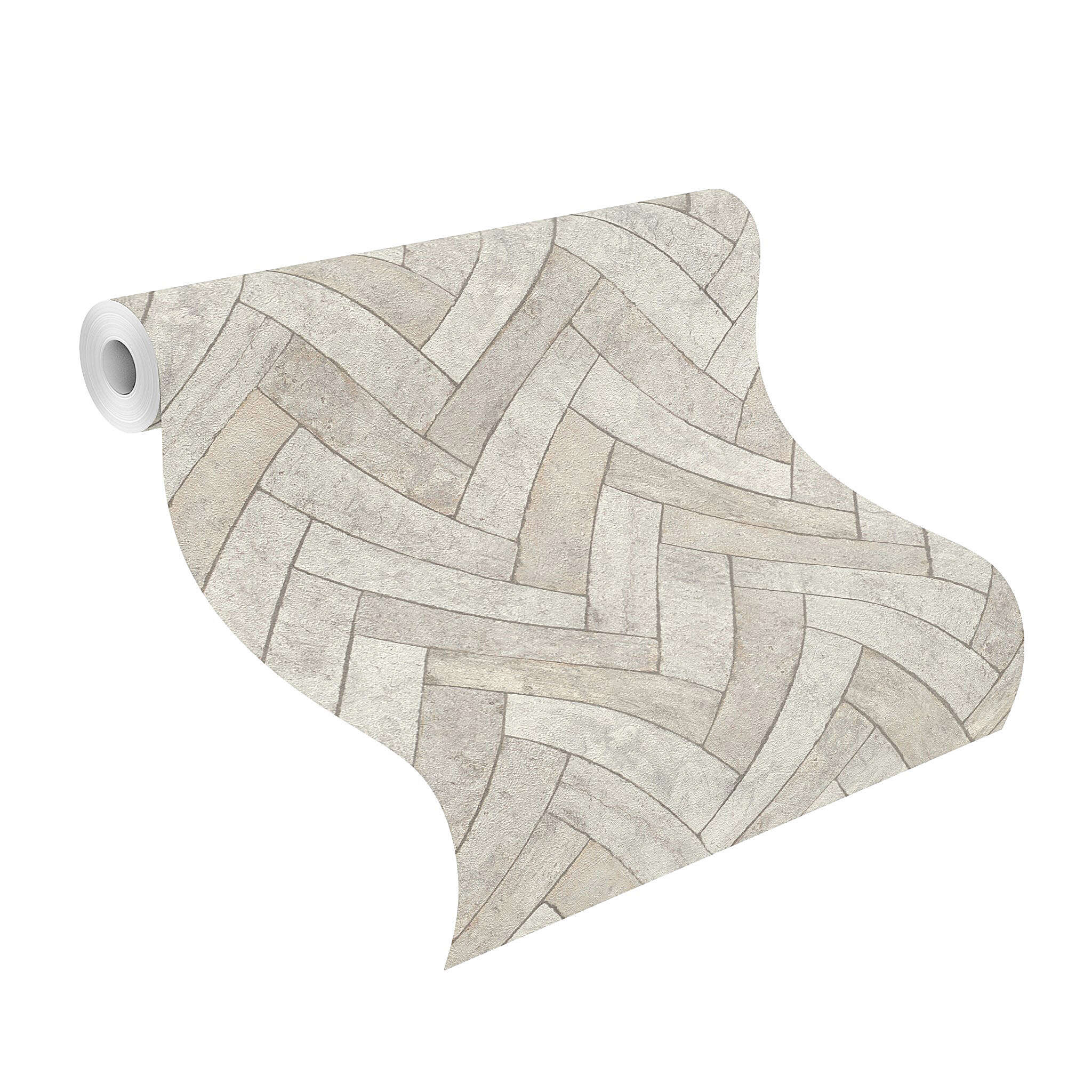 10-499124 Rolle abgerollt 1 Unrolled wallpaper roll with Wallpaper with bricks