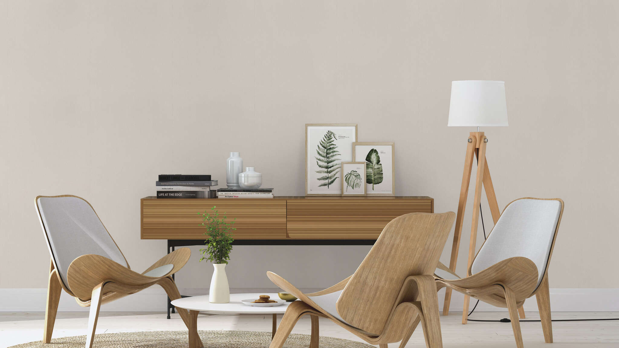 10-415360 Raumsituationen 2 Room with Plain non-woven wallpaper in delicate rose with a matt, smooth surface.
